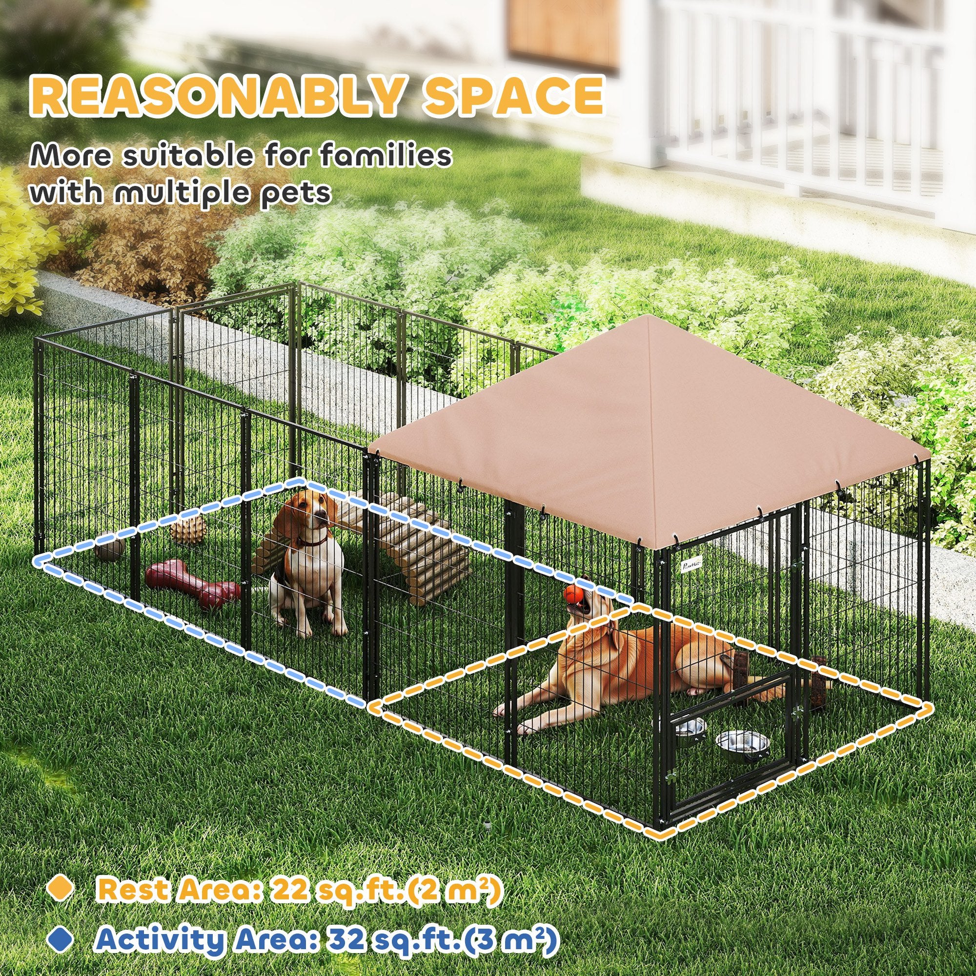 Large Outdoor Dog Kennel with Rotating & Adjustable Height Bowls, Waterproof & UV-Resistant Canopy, 11.3' x 4.7' x 5.1'