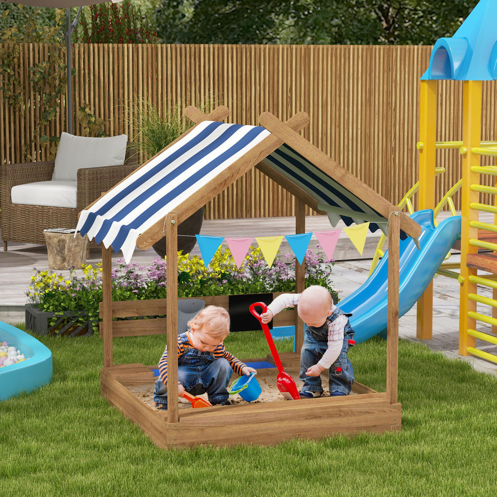 Wooden Sandbox with Canopy, House Design for 3-7 Years Old, Brown
