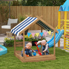 Wooden Sandbox with Canopy, House Design for 3-7 Years Old, Brown