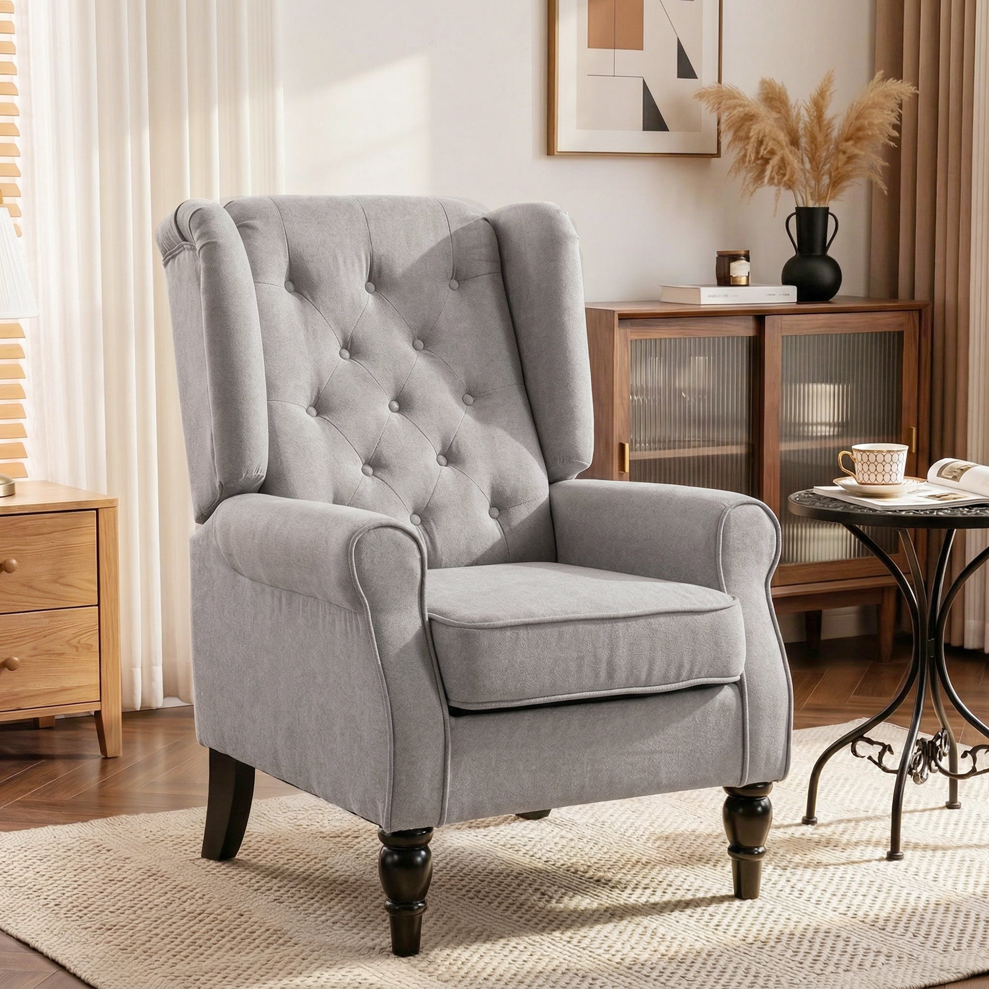 Mid-Century Modern Accent Chair, High Wingback Reading Chair, Button-Tufted Upholstered Fabric Armchair with Retro Wood Legs for Apartment, Living Room, Bedroom, Gray
