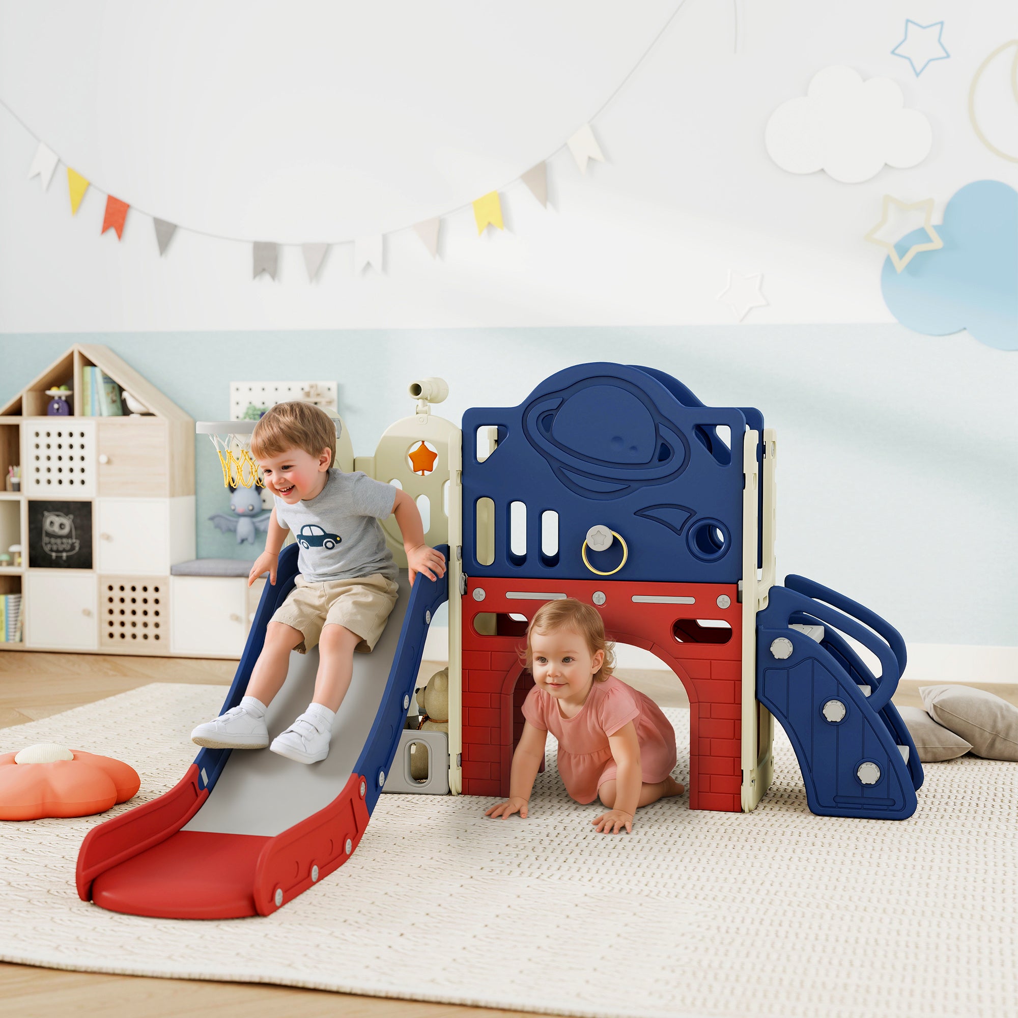 8-in-1 Toddler Slide Set with Basketball Hoop, Indoor Outdoor Playground Playset for Kids, Blue