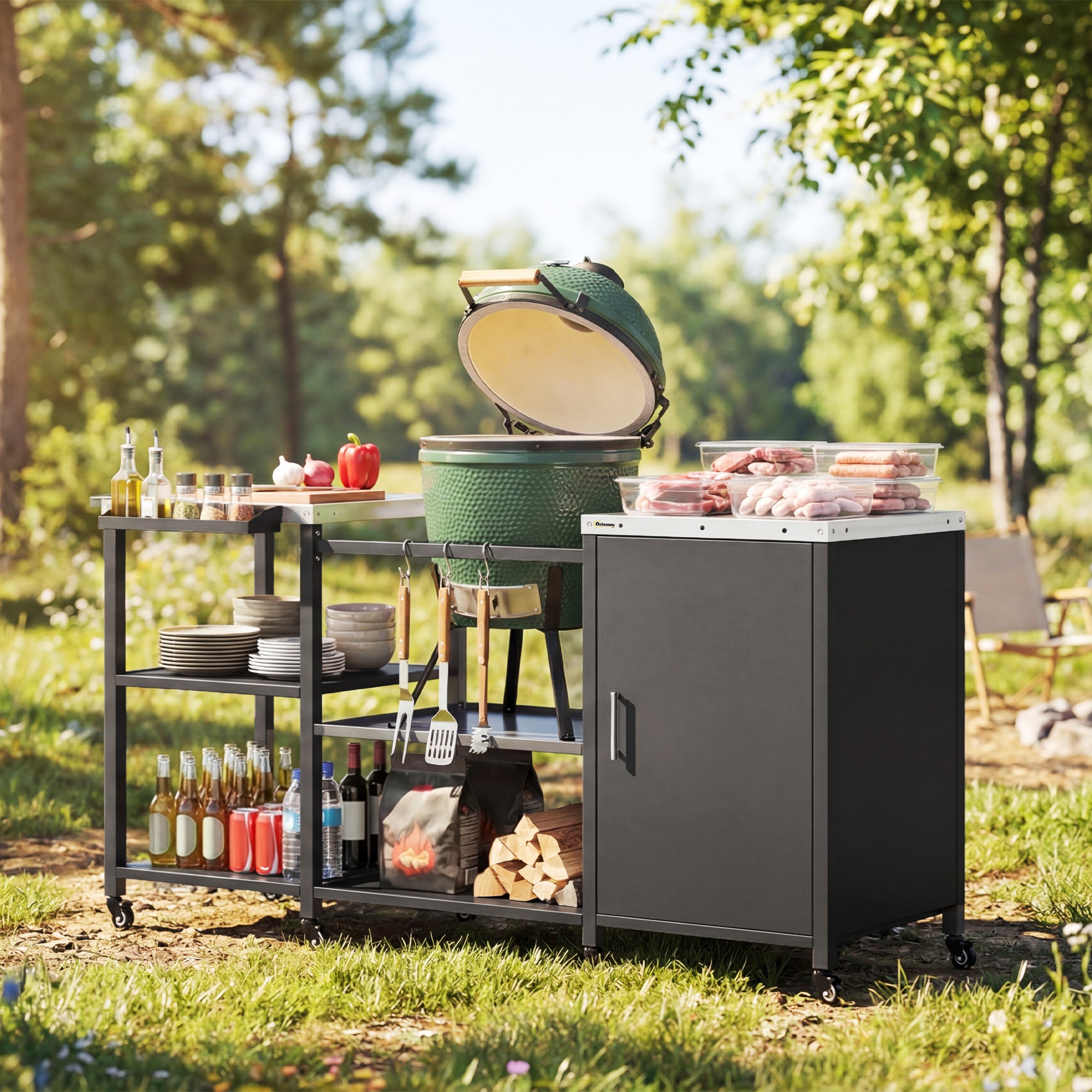 Grill Table for Big Green Egg Grill, Heavy Duty Metal BBQ Prep Table with Stainless Steel Top and Storage Cabinet, Black