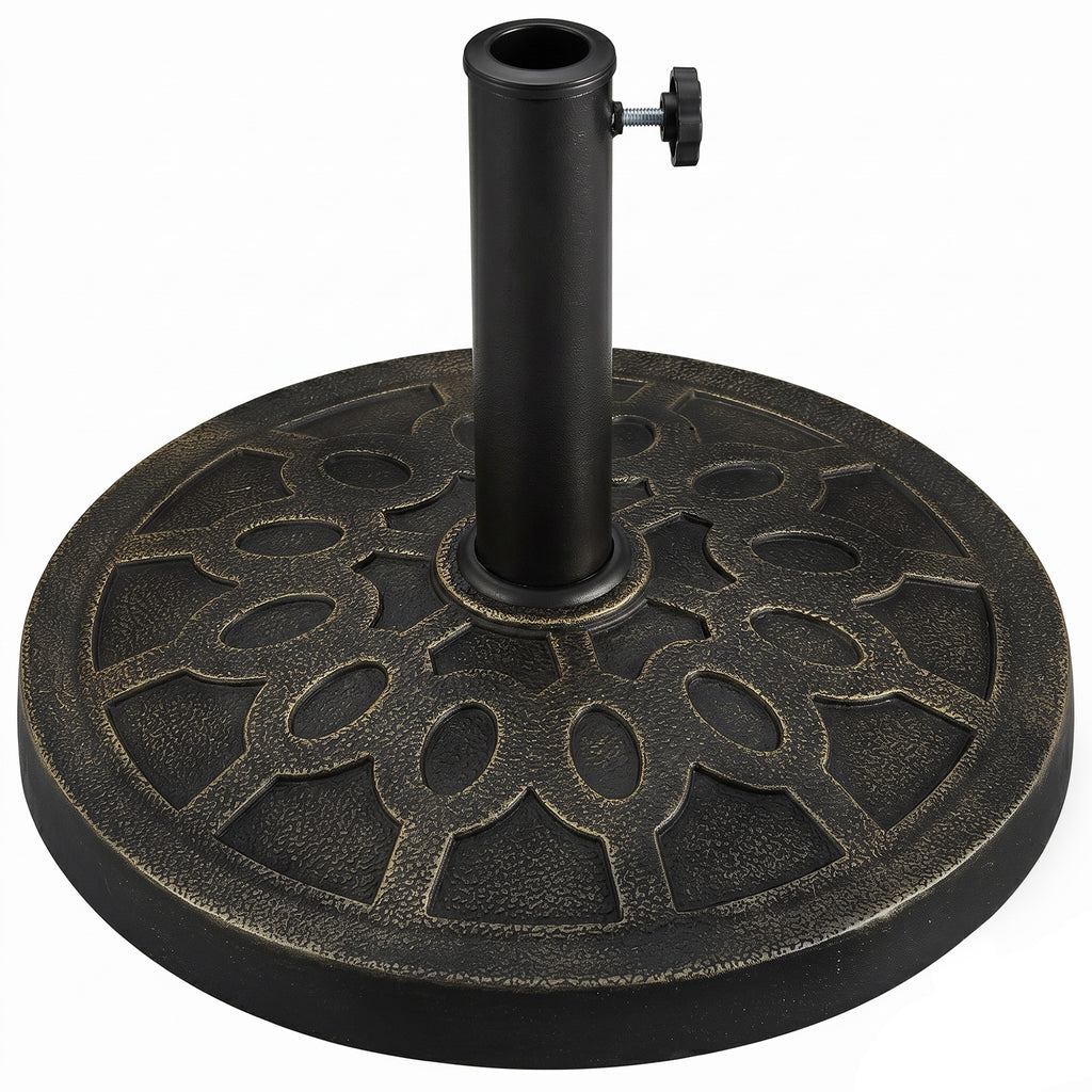 18" 26 lbs Round Resin Umbrella Base Stand Market Parasol Holder with Beautiful Decorative Pattern & Easy Setup, for Φ1.5", Φ1.89" Pole, for Lawn, Deck, Backyard, Garden, Bronze