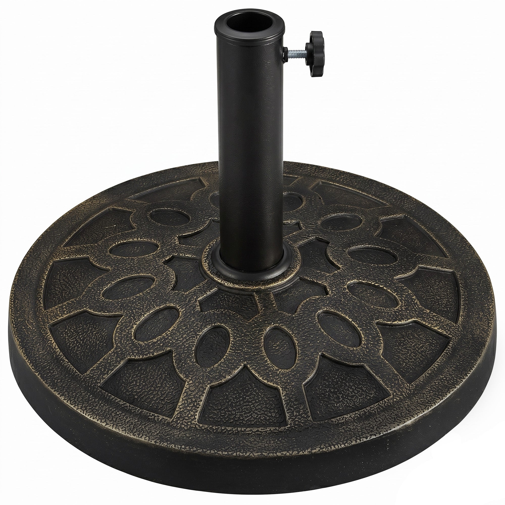 18" 26 lbs Round Resin Umbrella Base Stand Market Parasol Holder with Beautiful Decorative Pattern & Easy Setup, for Φ1.5", Φ1.89" Pole, for Lawn, Deck, Backyard, Garden, Bronze