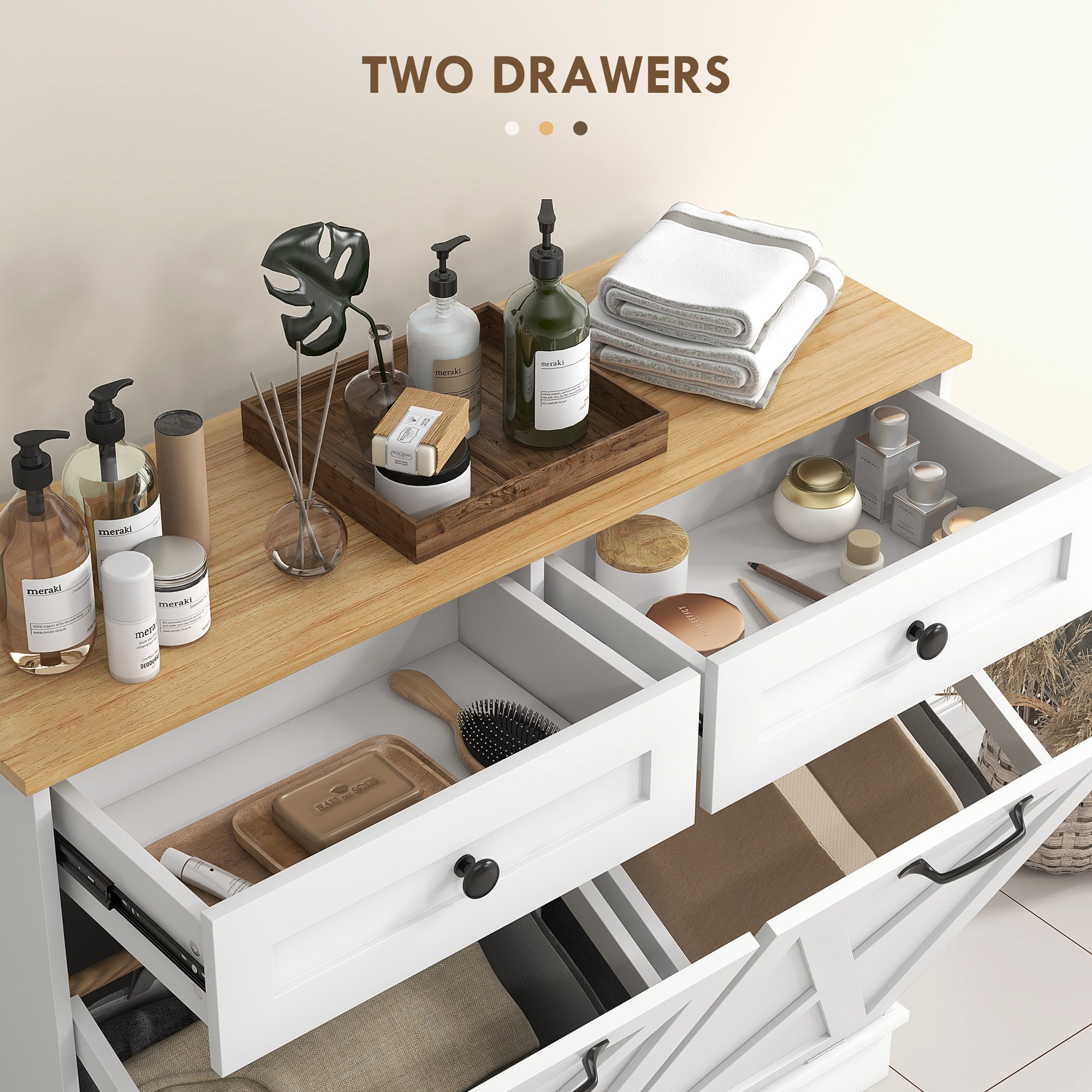 Tilt Out Laundry Hamper Cabinet, Bathroom Storage Cabinet with 2 Removable Baskets and 2 Drawers, White