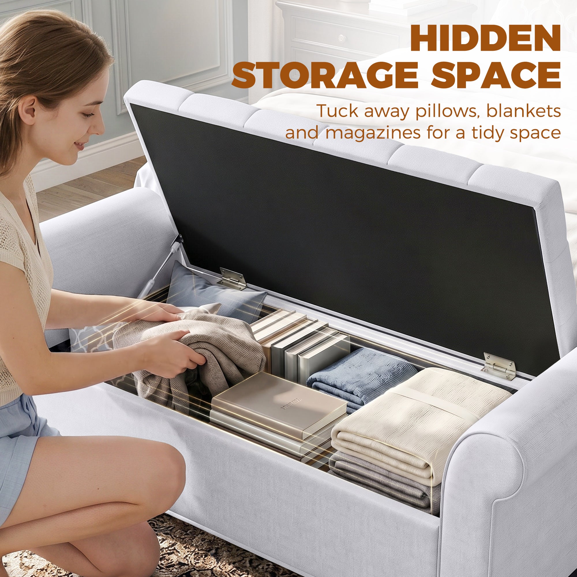 47" Storage Ottoman Bench, Tufted End of Bed Bench with Rolled Arms, Safety Hinge, Wood Legs for Bedroom, Light Gray