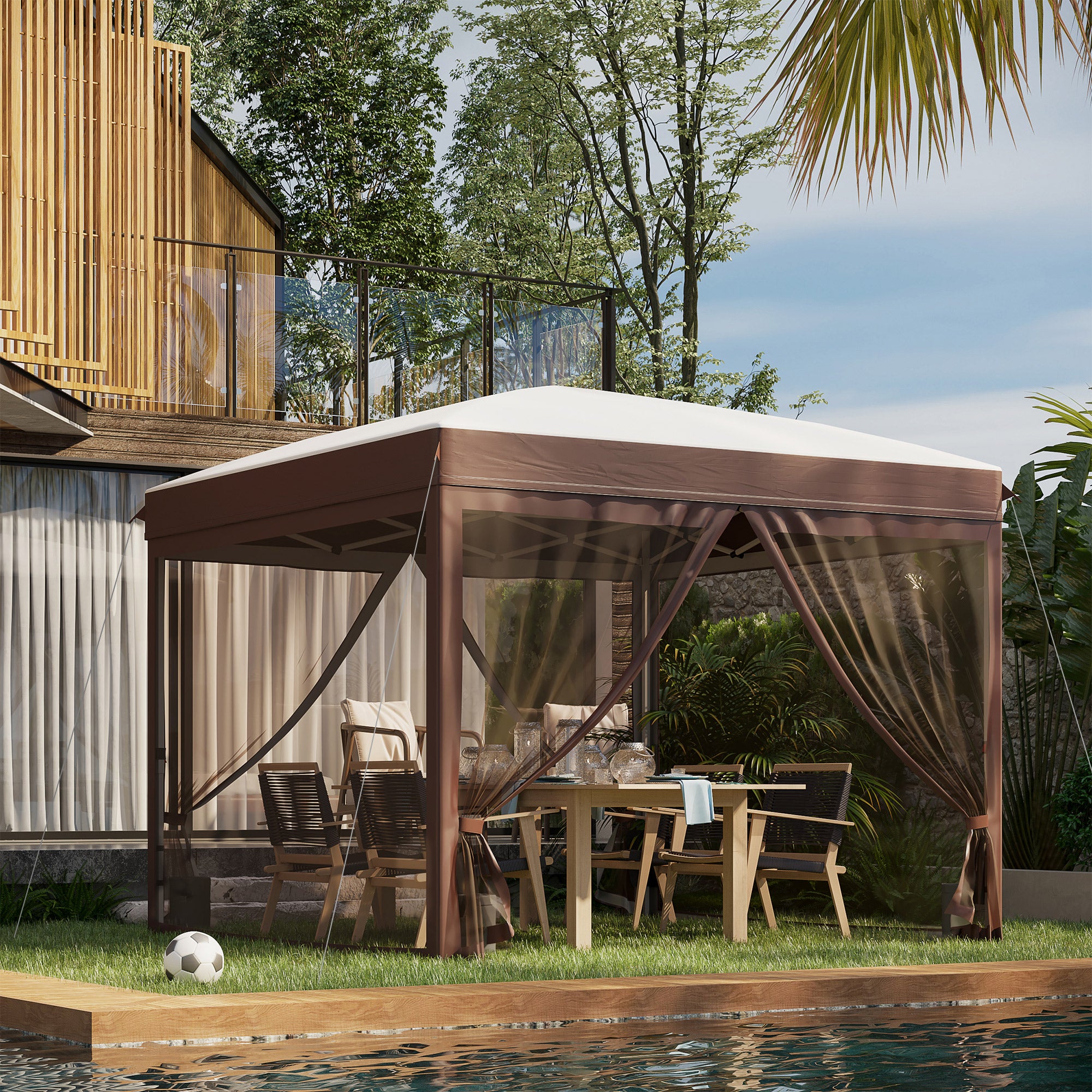 10' x 10' Pop Up Canopy Tent with Netting, Instant Sun Shelter, Tents for Parties, Height Adjustable, with Wheeled Carry Bag and 4 Sand Bags for Outdoor, Garden, Patio, Cream