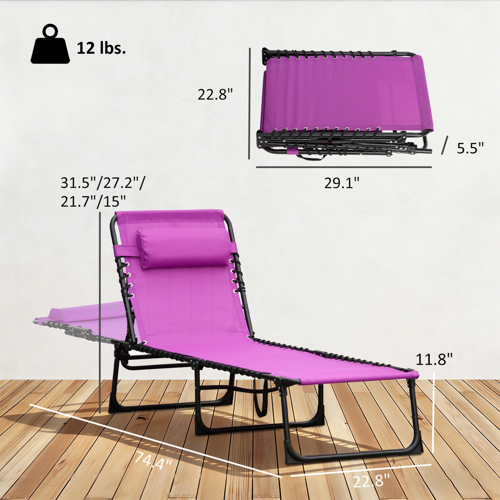 Folding Chaise Lounge Pool Chair with 4-Position Reclining Back, Pillow, Breathable Mesh & Bungee Seat, Purple