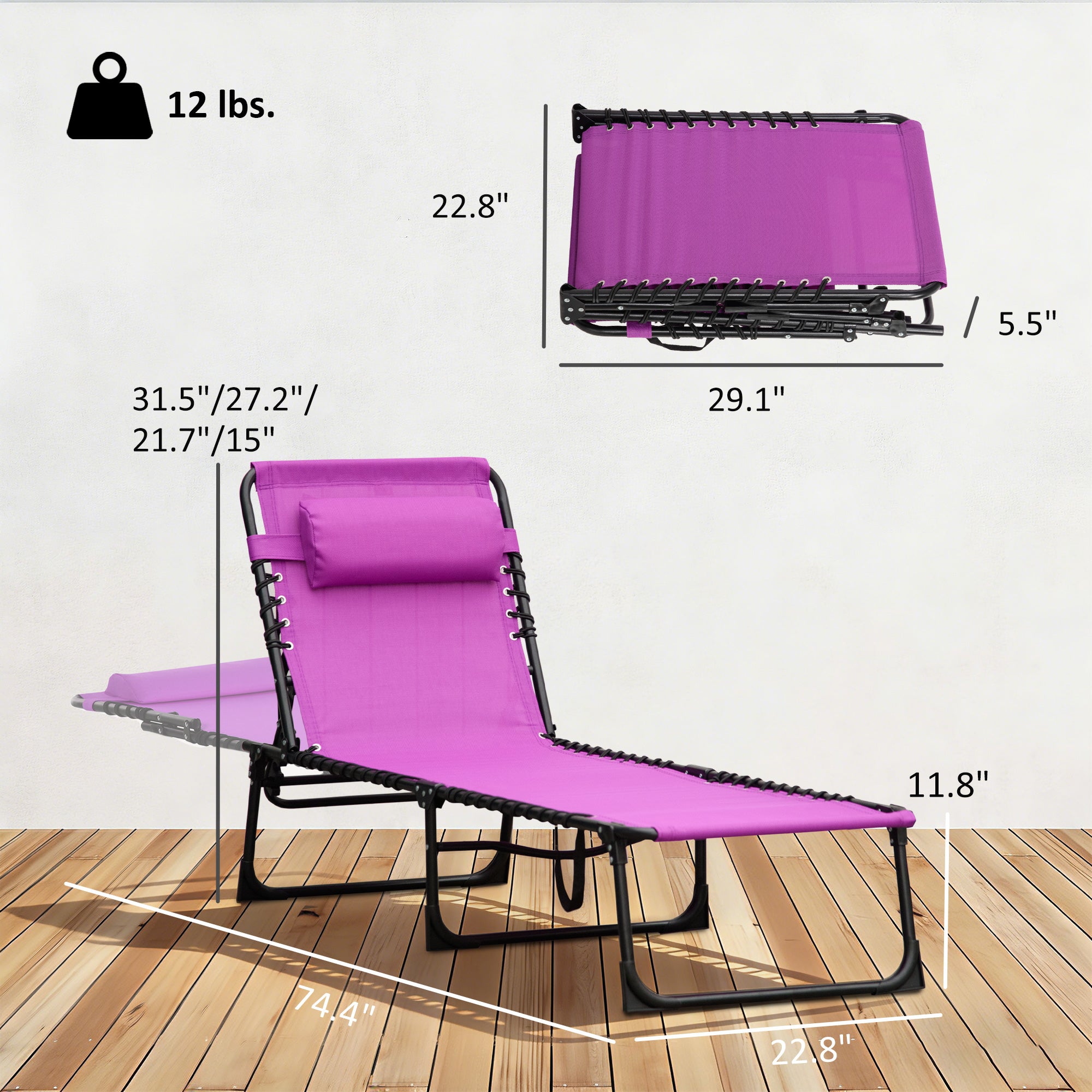 Folding Chaise Lounge Pool Chair with 4-Position Reclining Back, Pillow, Breathable Mesh & Bungee Seat, Purple