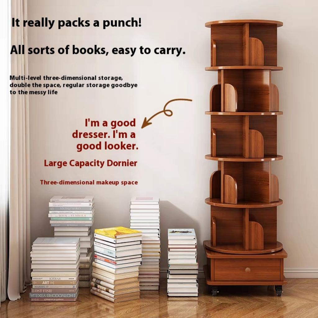 6-Tier Rotating Bookshelf with Wheels, 360° Display Corner Bookcase, Wood Organizer for Study Room, 18″ L x 18″ W x 69″ H, Walnut Brown