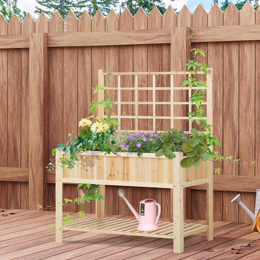 47" Wooden Raised Garden Bed with Trellis, Coutryside Style Elevated Planter Box Stand with Open Storage Shelf, Spacious Planting Area for Vegetables, Herbs, Flowers