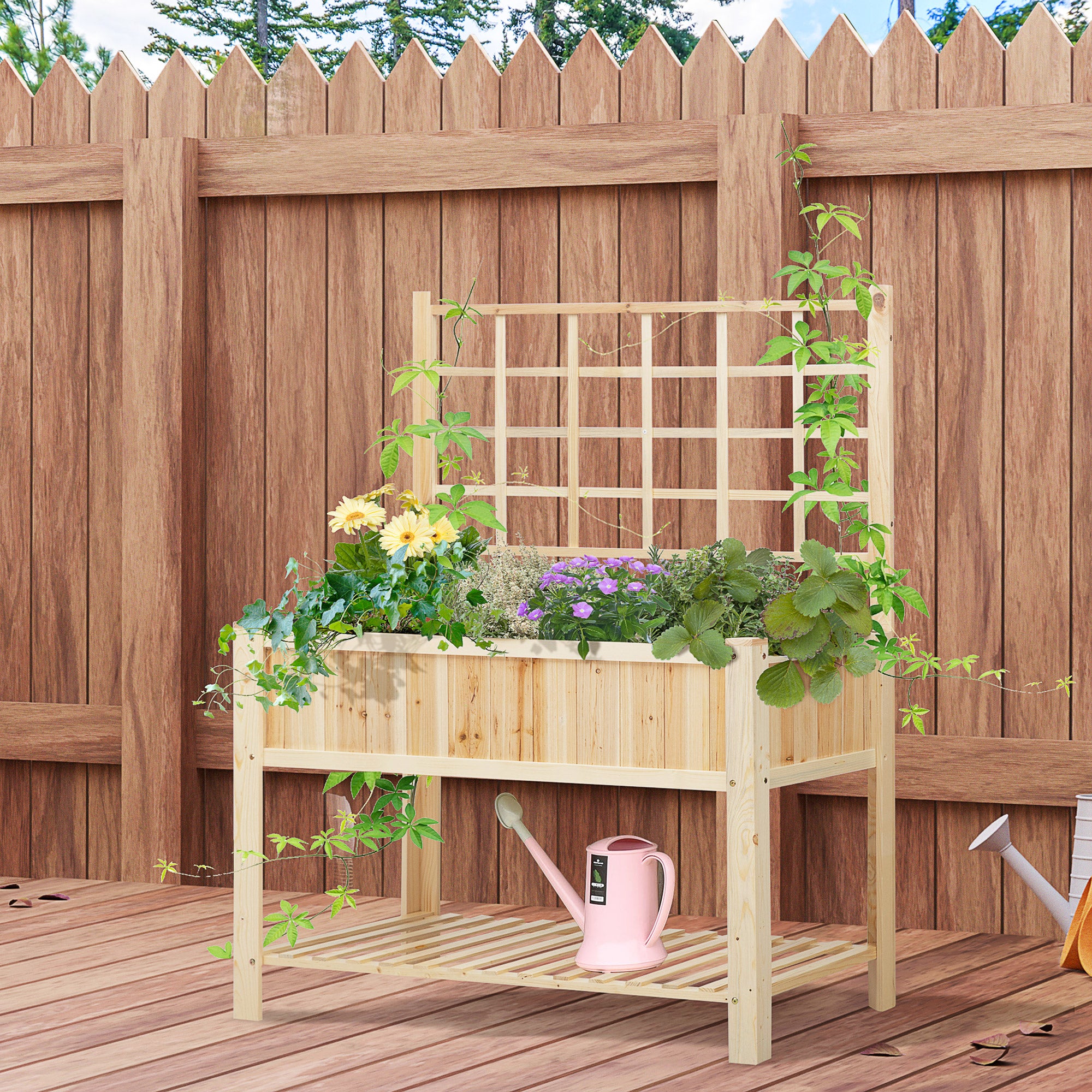 47" Wooden Raised Garden Bed with Trellis, Coutryside Style Elevated Planter Box Stand with Open Storage Shelf, Spacious Planting Area for Vegetables, Herbs, Flowers
