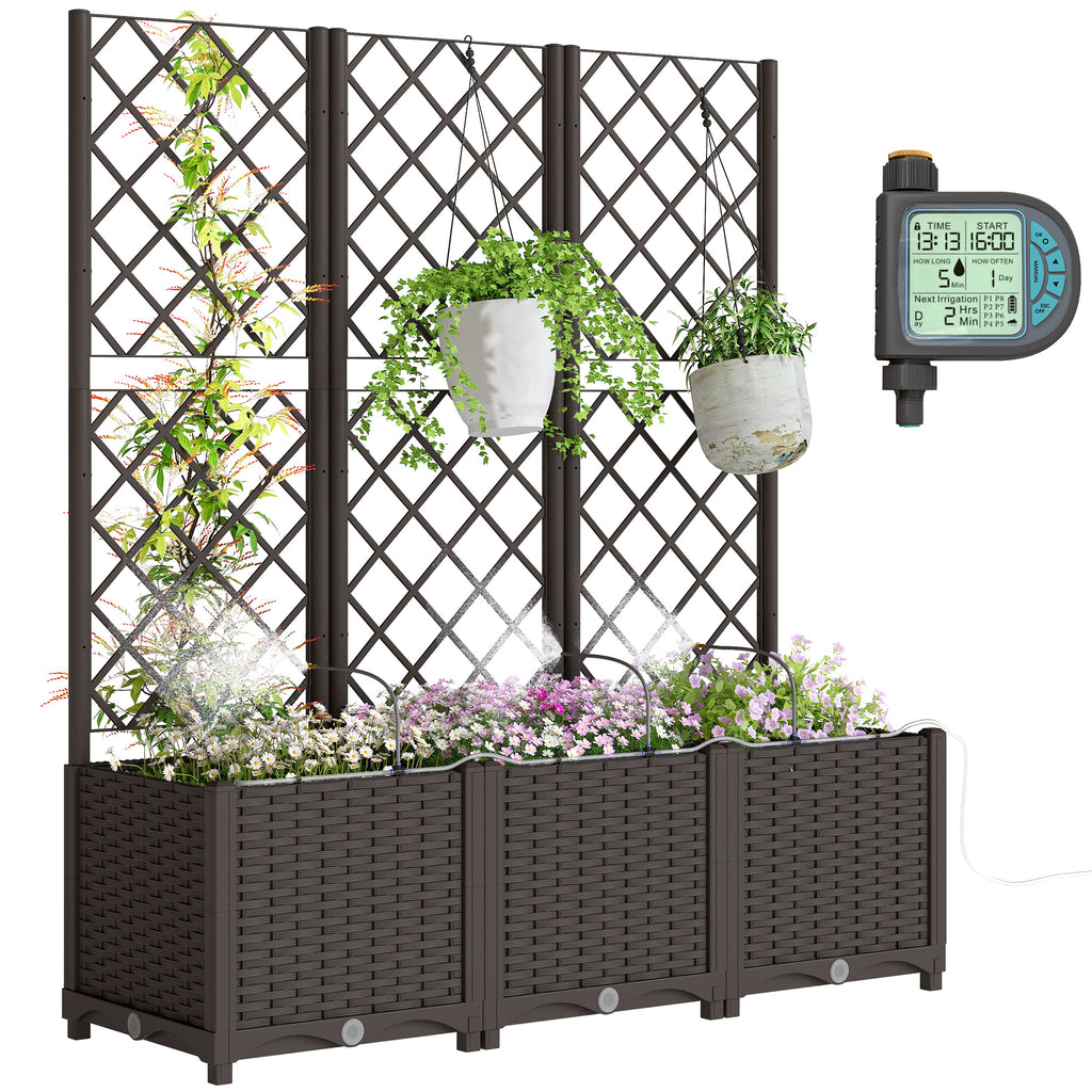 3PCS Plastic Planter Box with Trellis, Self-Watering Raised Garden Bed with Trellis and Automatic Watering Timer Kit