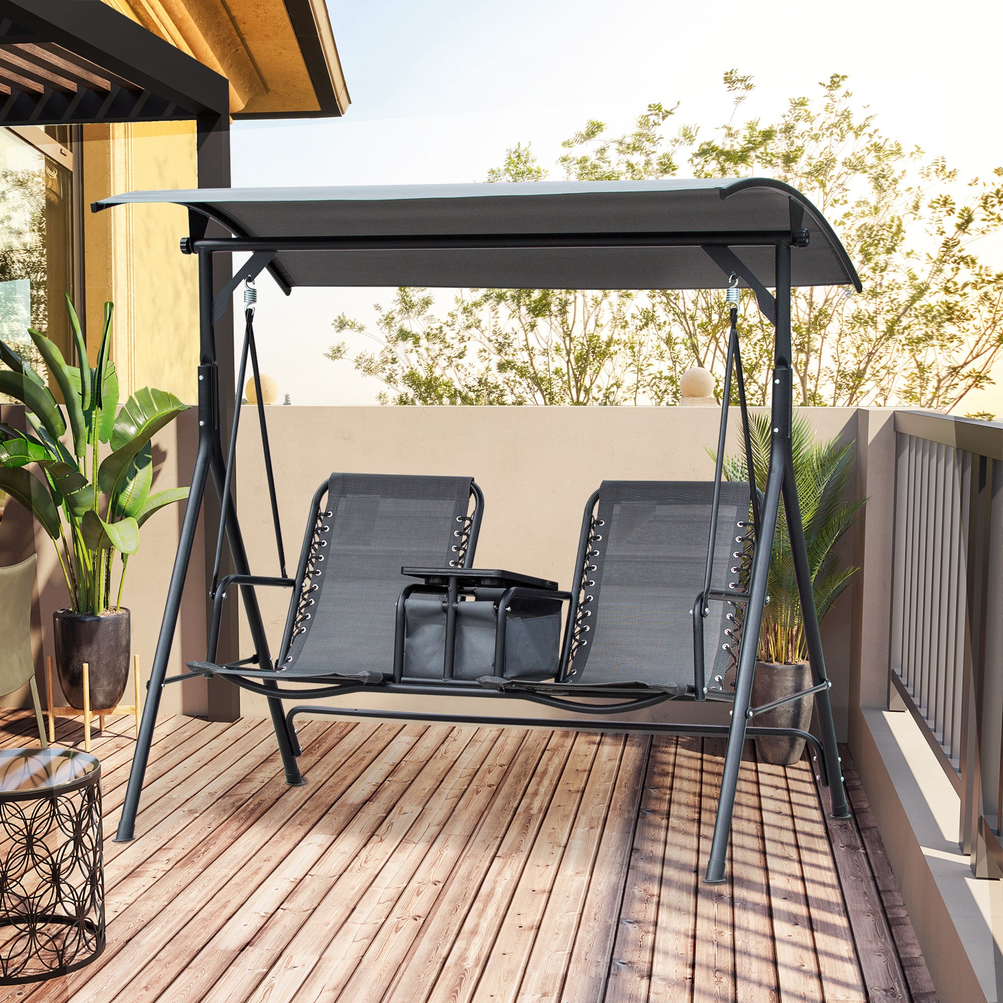 2-Seat Outdoor Porch Swing, with Pivot Storage Table, Cup Holder, & Adjustable Overhead Canopy, Stand's Skid-Resistant Feet Pad, Breathable Mesh Seat, Steel Frame, for Patio, Gray