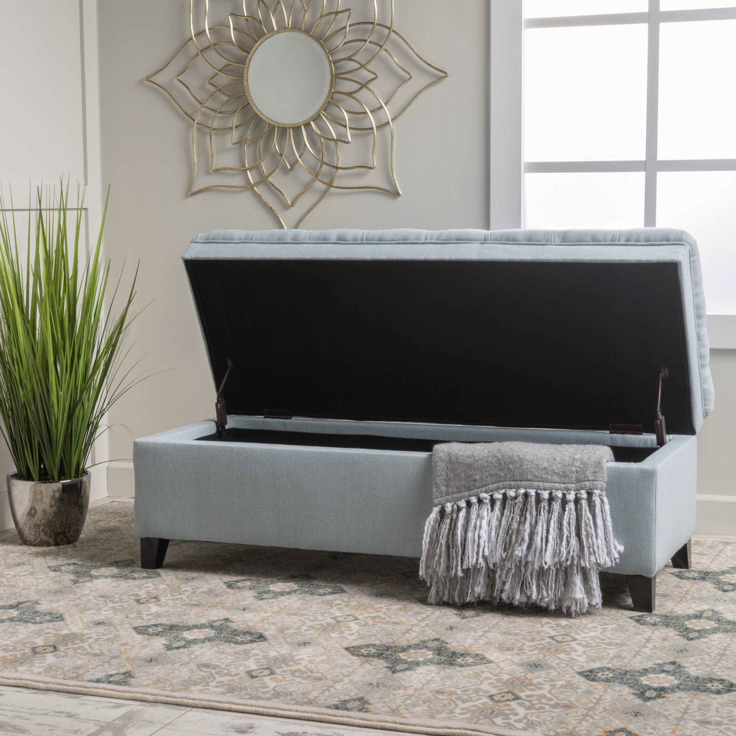 Storage Ottoman with Birch Legs, Hand-Tufted Fabric, 50" L x 20.5" W x 18.25" H, Spot Clean, Light Blue Gray