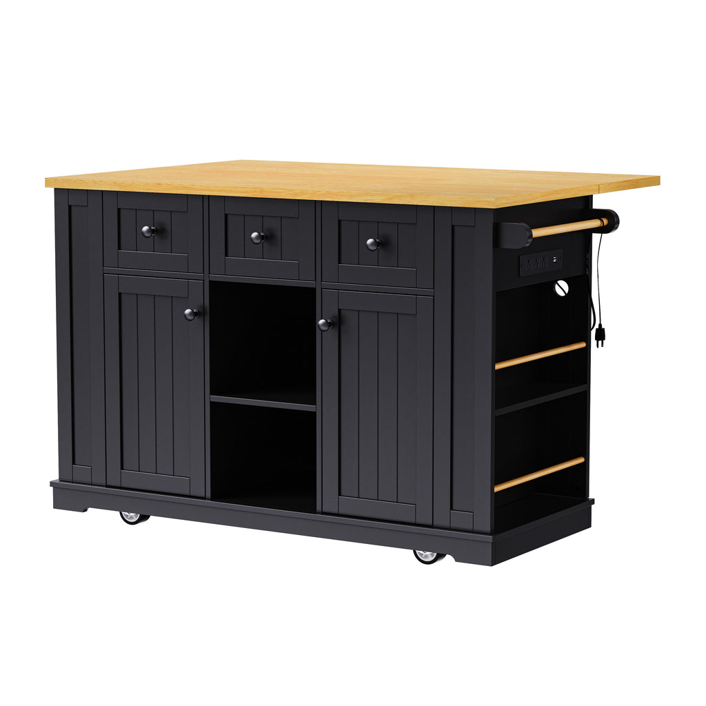 Kitchen Island with Internal Rack, Drop Leaf, Power Outlet, Rolling Cart with Adjustable Shelves and Drawers, 50" L x 29.5" W x 36.5" H, Black