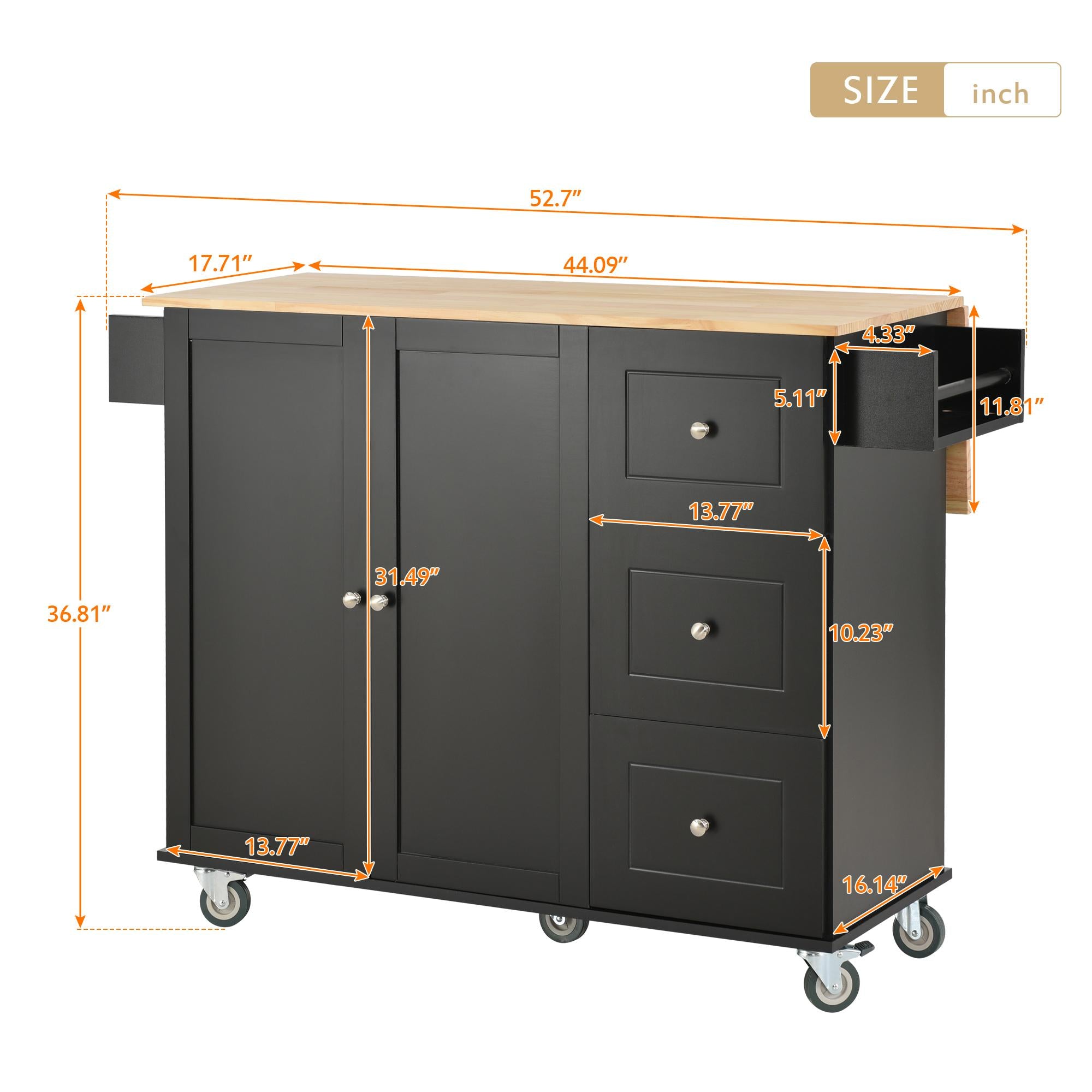 Mobile Kitchen Island with Drop Leaf Breakfast Bar, Wood Top, Racks and Drawers, Central Island with Locking Wheels, 53" L x 29.5" W x 37" H, Black