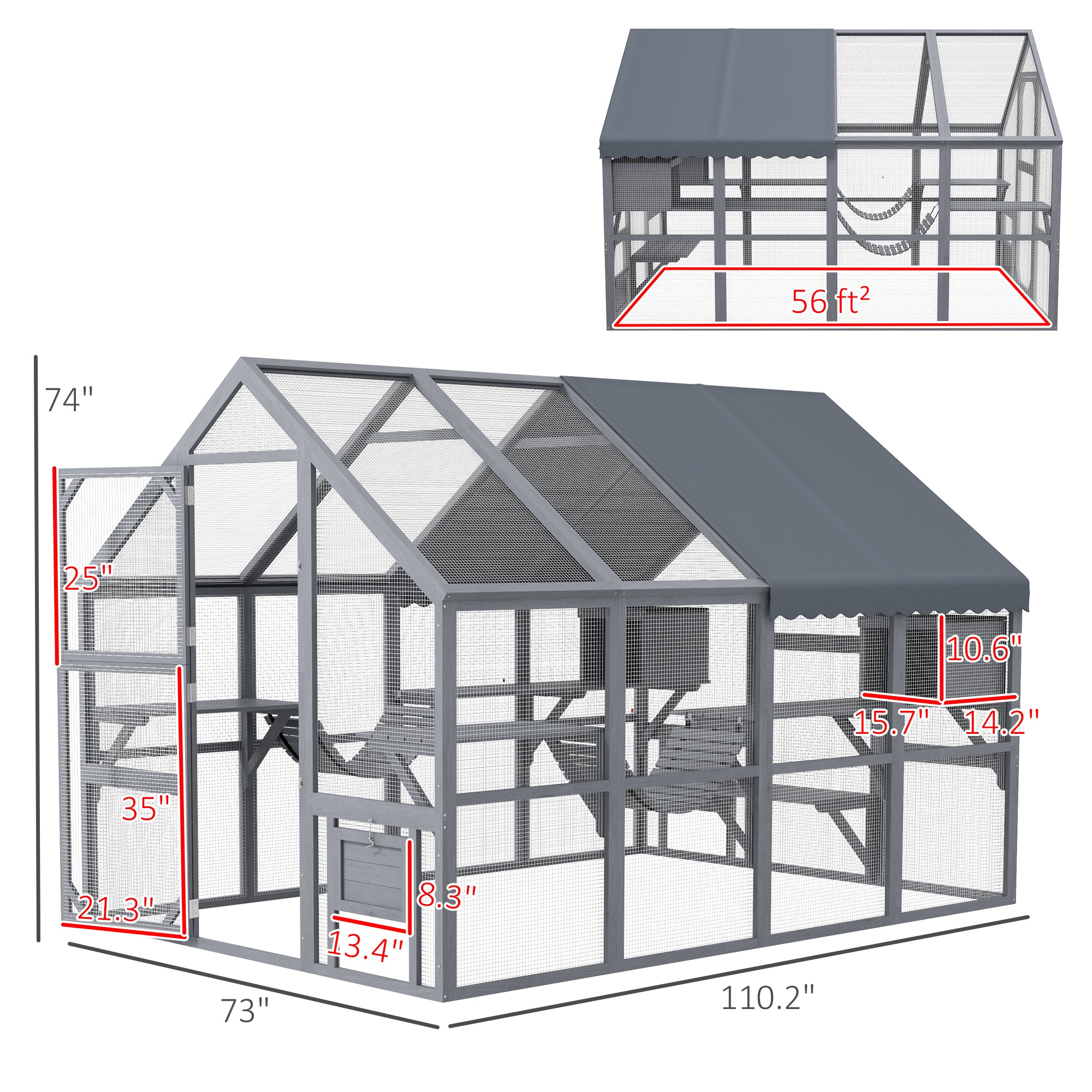 Wooden Catio Outdoor Cat Enclosure with Waterproof Cover, 2 Condos, 6 Platforms, Bridge, Doors, Gray