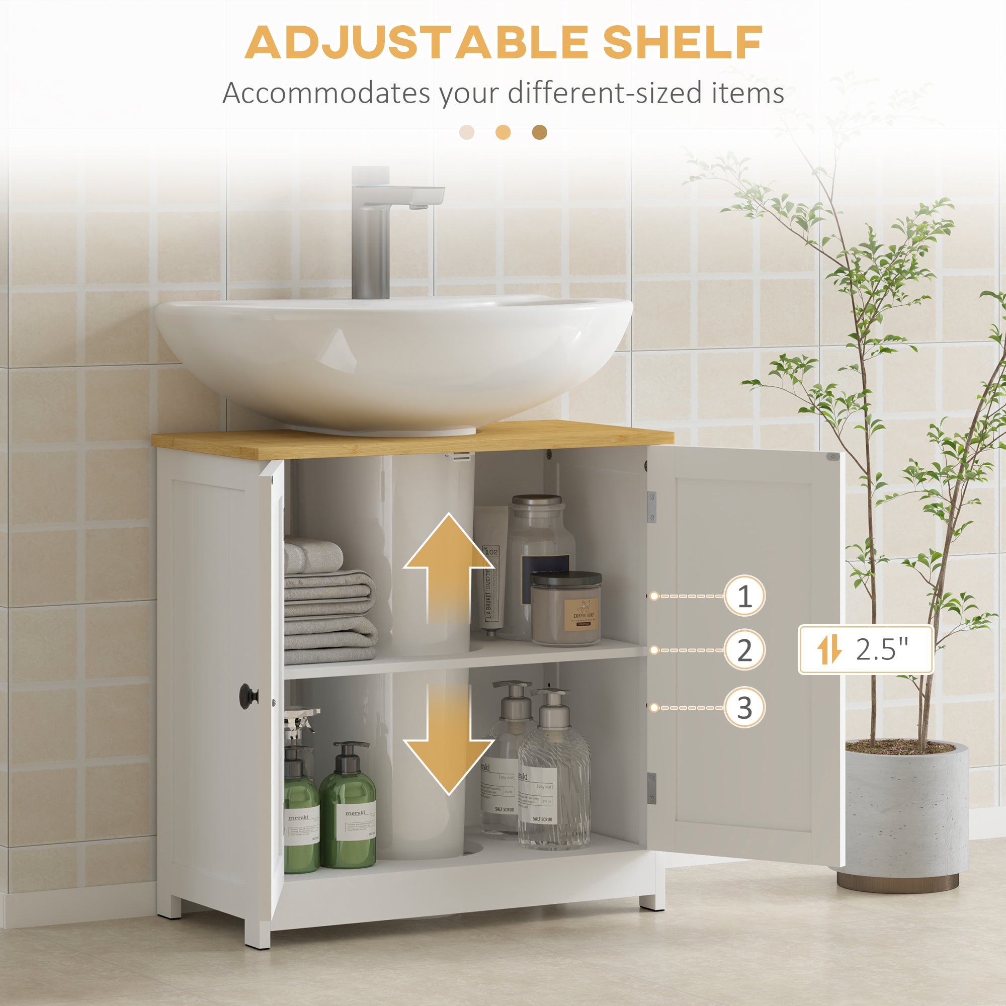 Bathroom Vanities Under Sink Storage Cabinet Cupboard with 2 Doors, 23.5" x 11.75" x 24", White