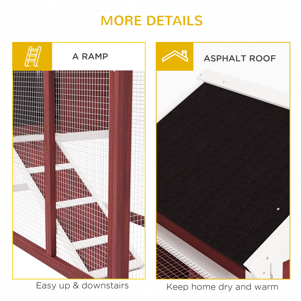 49" Wooden Rabbit Hutch Bunny Cage with Waterproof Asphalt Roof, Fun Outdoor Run, Removable Tray and Ramp, for Rabbits, Chickens, Ducks, Brown