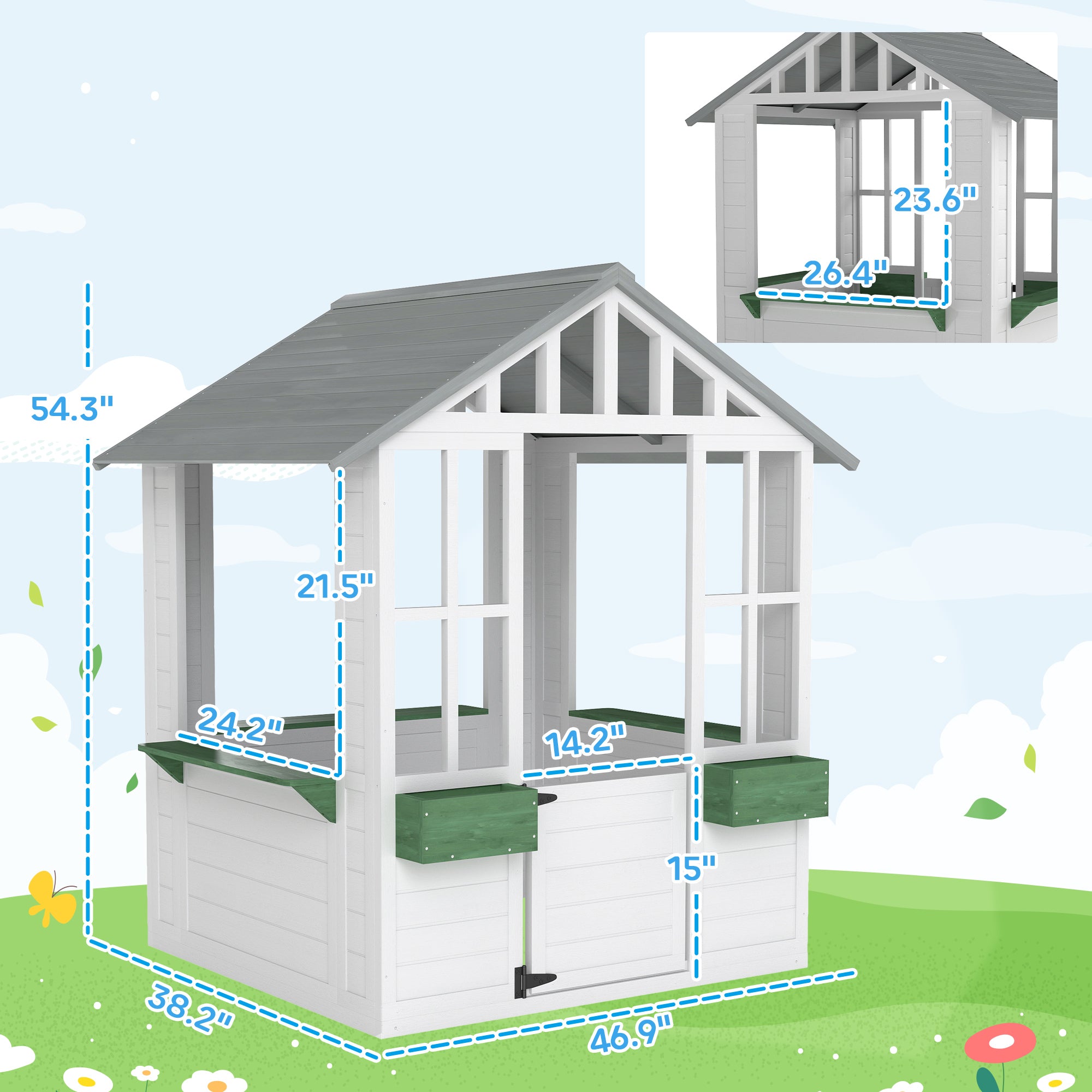 Kids Wooden Playhouse, Outdoor Garden Games Cottage with Flowers Pot Holder, Working Door, Windows, White