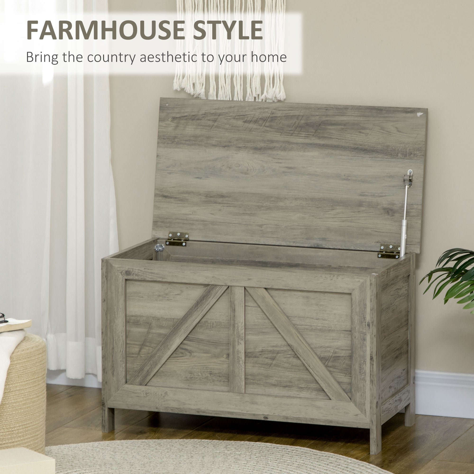 30" Farmhouse Storage Bench, Lift Top Storage Chest with Safety Hinge to Open Up 100°, Wooden Trunk for Bedroom, Entryway, Living Room, Gray