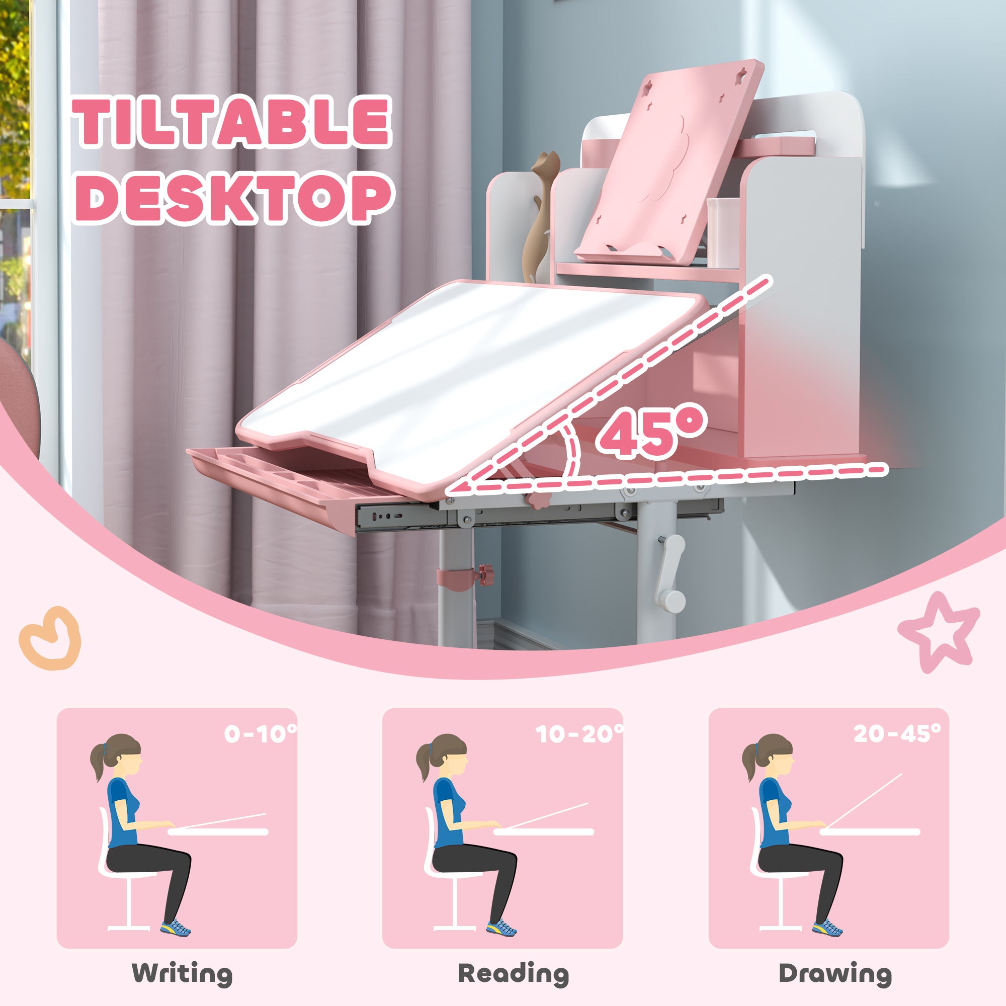 Height Adjustable Kids Desk and Chair Set for Writing Drawing w/ Tilt Desktop, Storage Drawer and Reading Rack, Pink