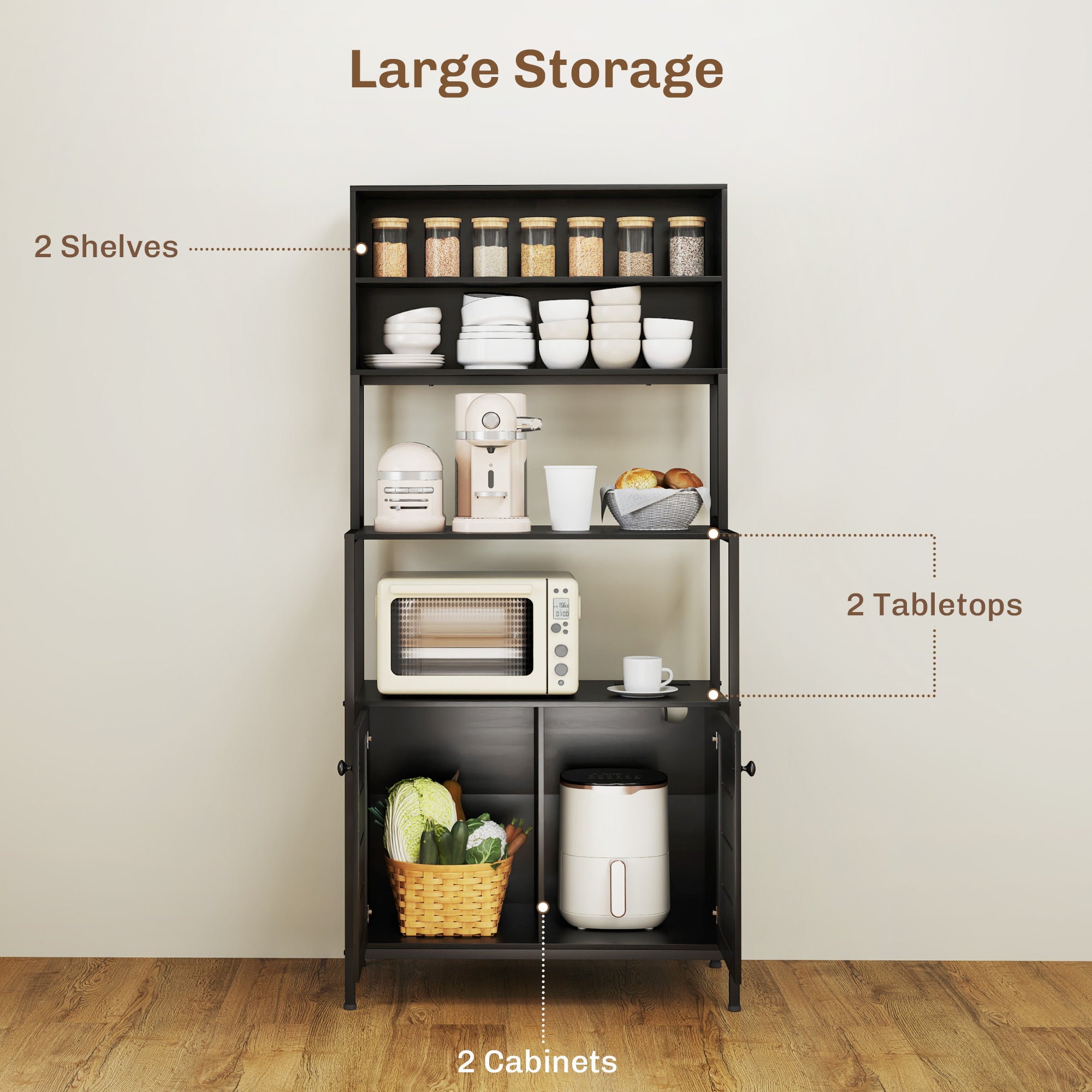 Baker's Rack with Power Outlet and Storage Shelves, Microwave Stand with Louvred Door Cabinets, Black