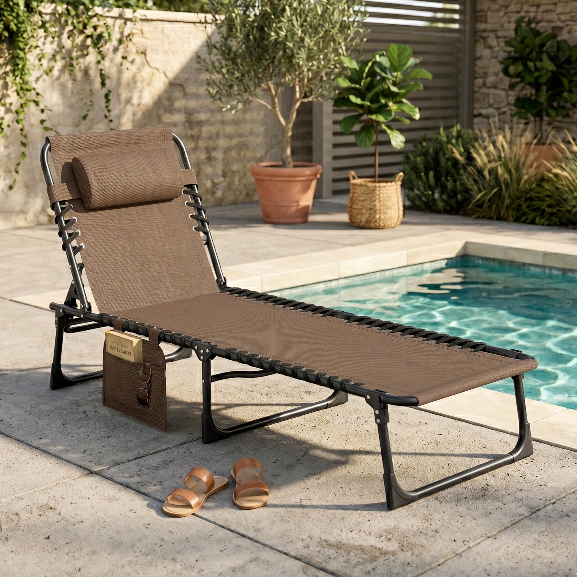 Folding Chaise Lounge Chair Outdoor, Sun Tanning Chair with Side Pocket, Carrying Strap, Portable Patio Beach Lounger with 5-Position Reclining Back, Headrest for Pool, Camping, Yard, Brown