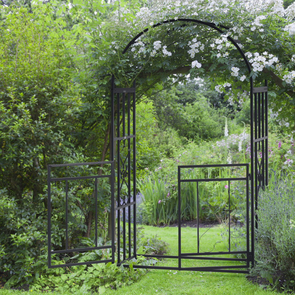 81" Metal Garden Arbor with Double Doors, Locking Gate, Climbing Vine Frame with Heart Motifs, Arch for Wedding, Bridal Party Decoration, Grey