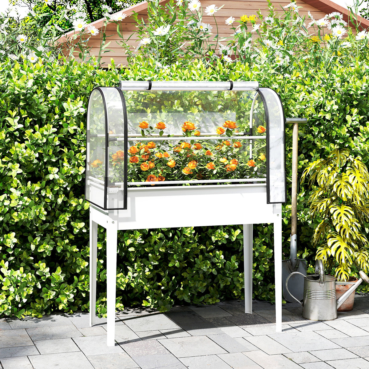 Raised Garden Bed with Flip-Up Greenhouse Cover, Metal Elevated Garden Bed with Legs and Drainage Hole, White