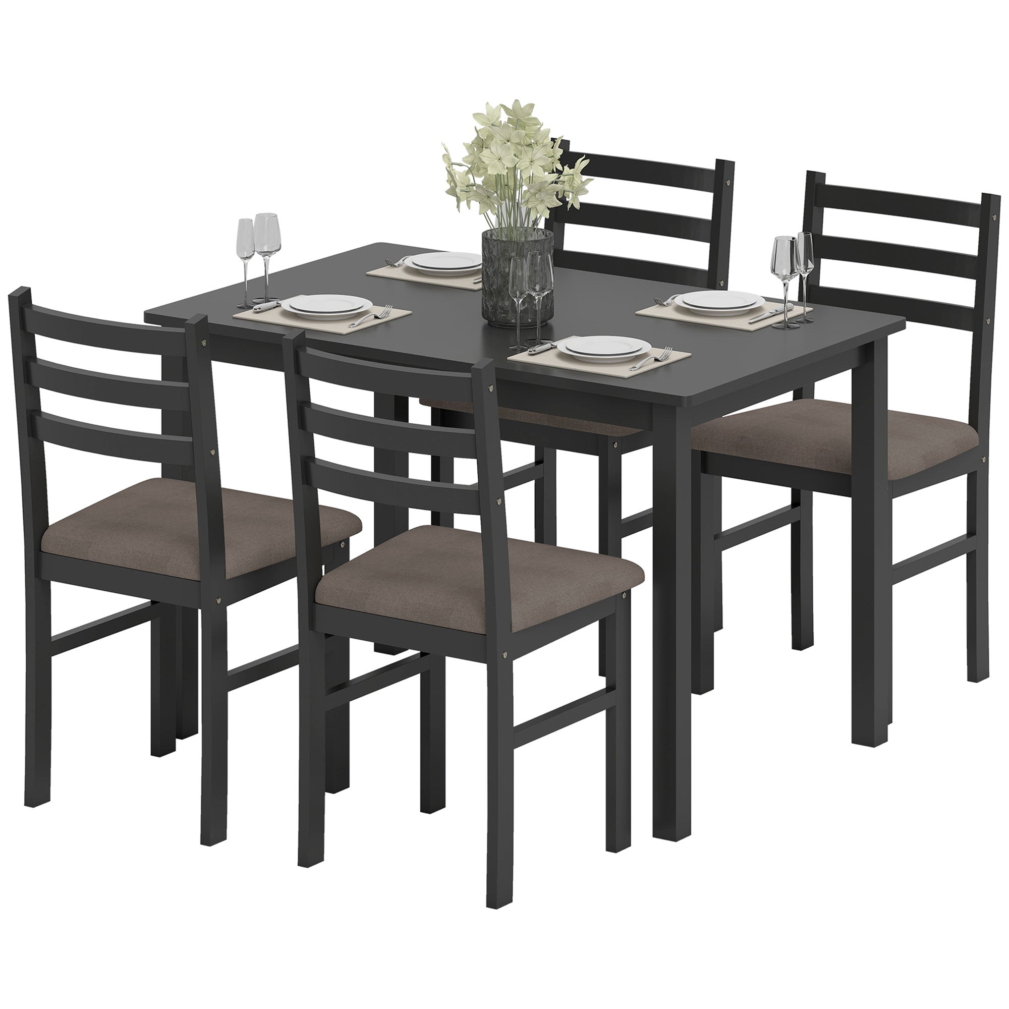 5-Piece Small Kitchen Table Set for 4, Farmhouse Dining Table Set with Upholstered Chairs and Rubber Wood Legs, Black