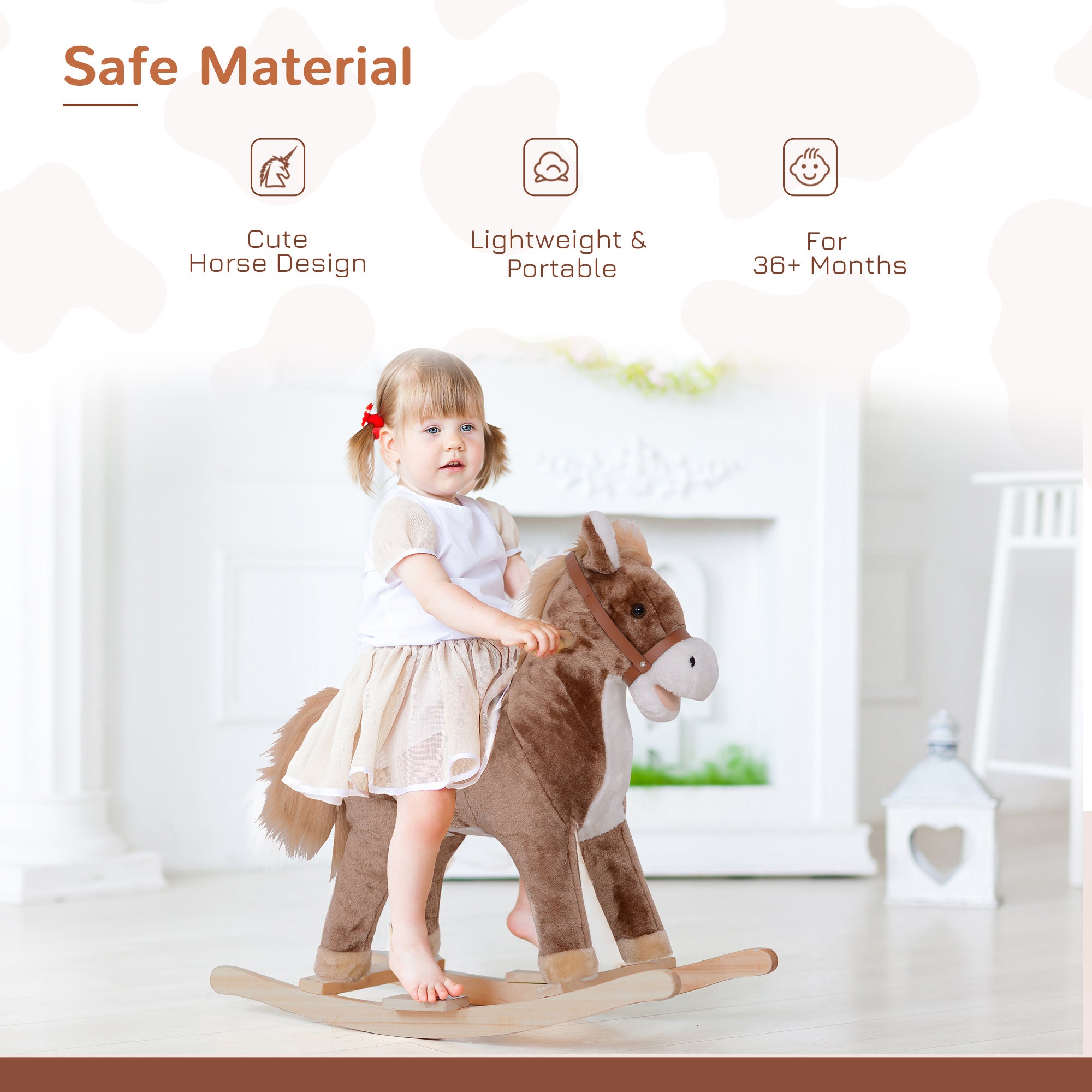 Kids Rocking Horse with Soft Plush Body, Wooden Base & Handle Grip for Years 3+
