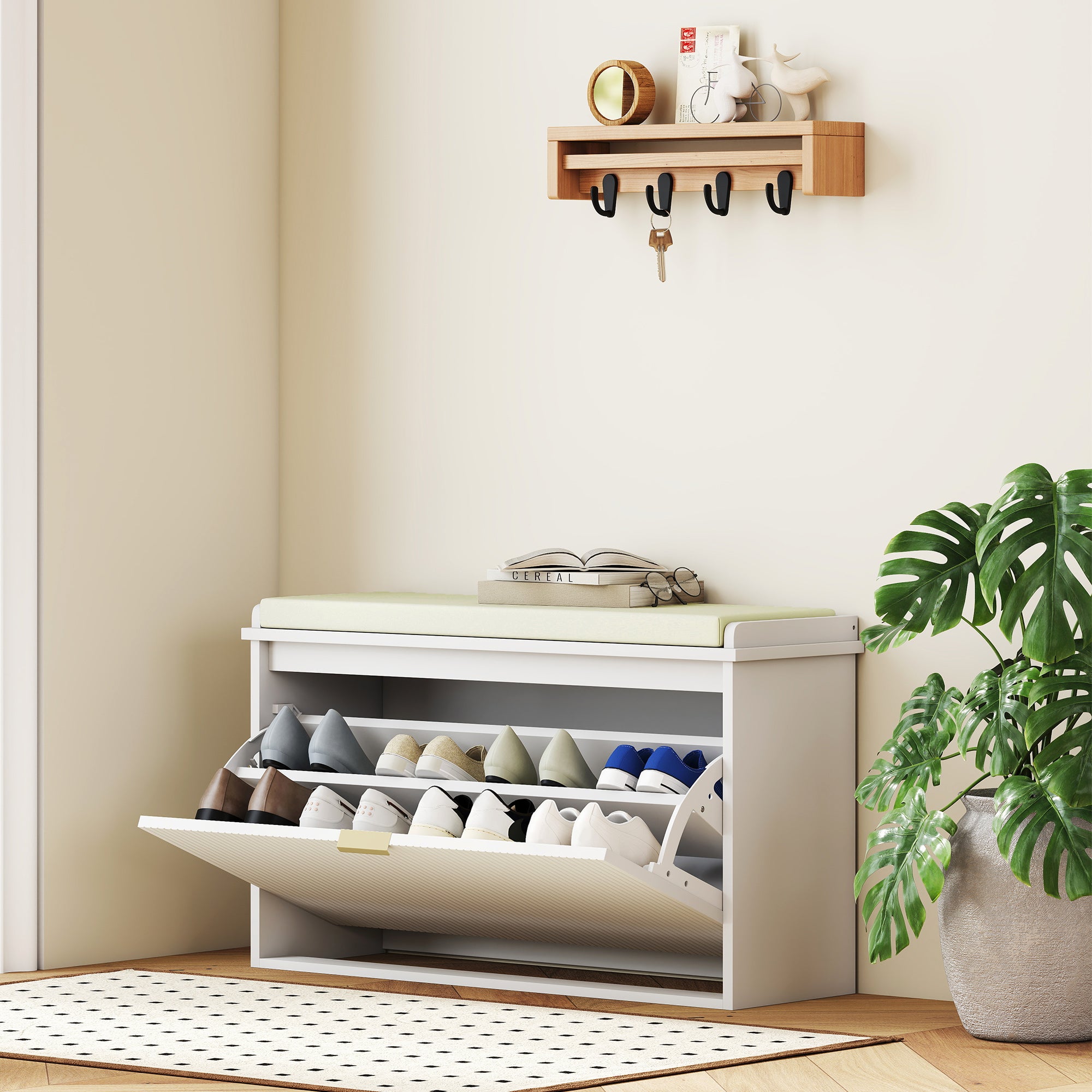 Shoe Storage Bench with Padded Seat Cushion and Flip-Drawer, Entryway Bench, Shoe Cabinet, 31.5x10.2x18.7 Inches, White