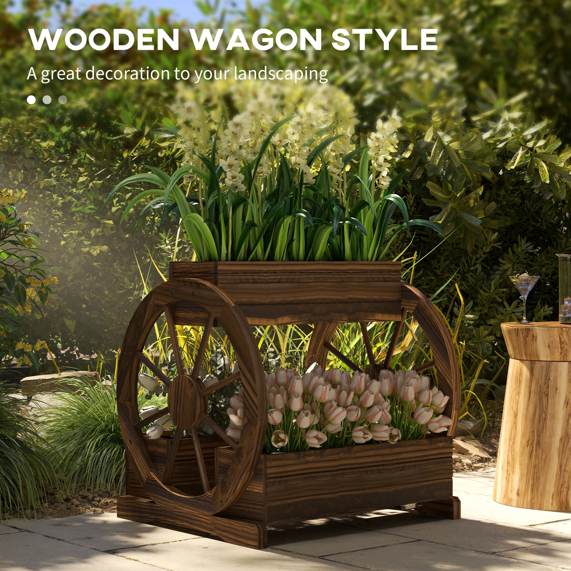 Wooden Wagon Planter Box, 3-Tier Raised Garden Bed, for Vegetables Flowers Herbs, 25" x 21" x 24"