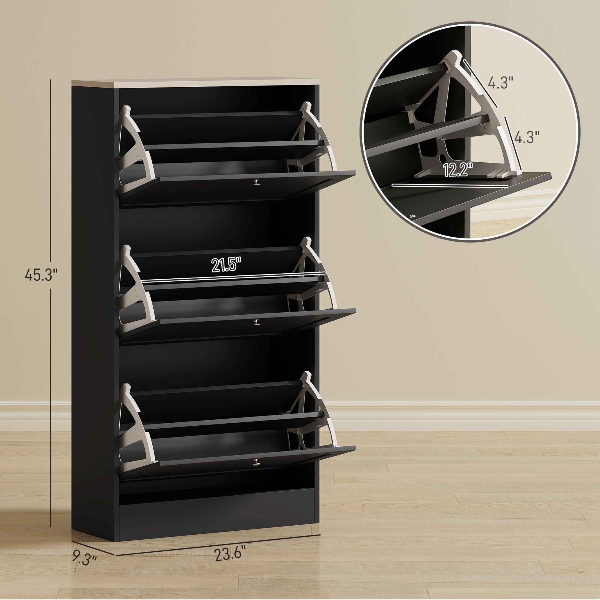Modern Shoe Storage Cabinet with 3 Flip Drawers and Adjustable Shelves for 12-18 Pairs of Shoes, Black