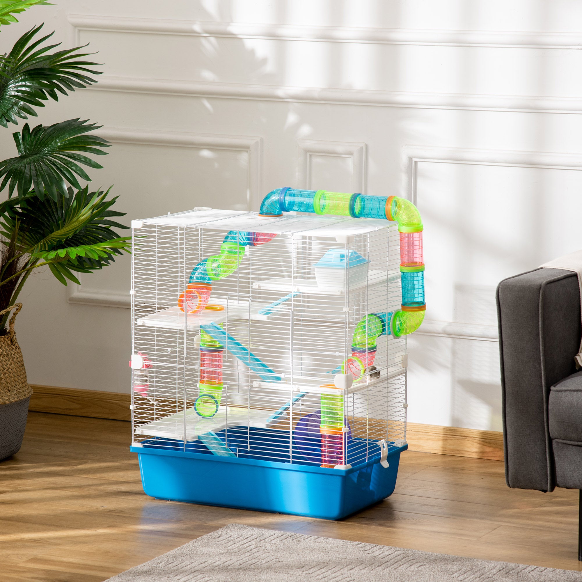 23" 5-Tier Hamster Cage with Wheel and Water Bottle, Blue