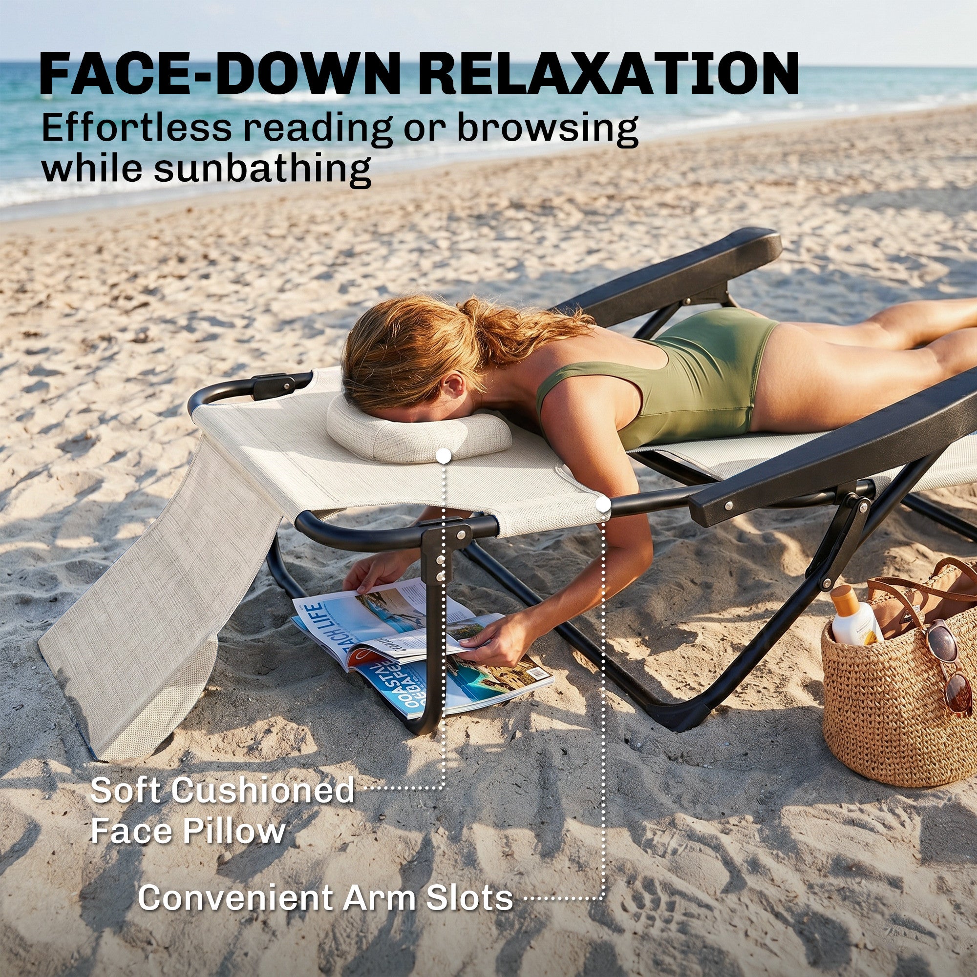 Folding Lounge Chair w/ Reclining Back, Cream White