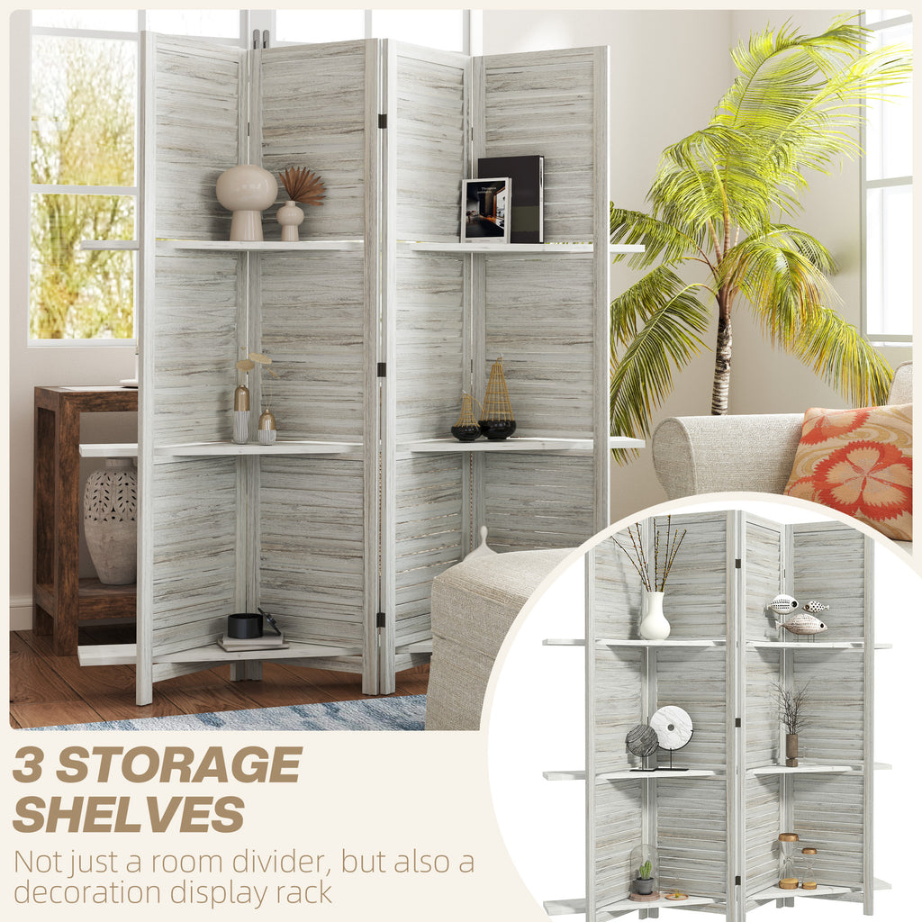 4 Panel 67" Tall Wood Privacy Screen Room Divider with 3 Shelves and Folding Storage for Bedroom, Distressed White