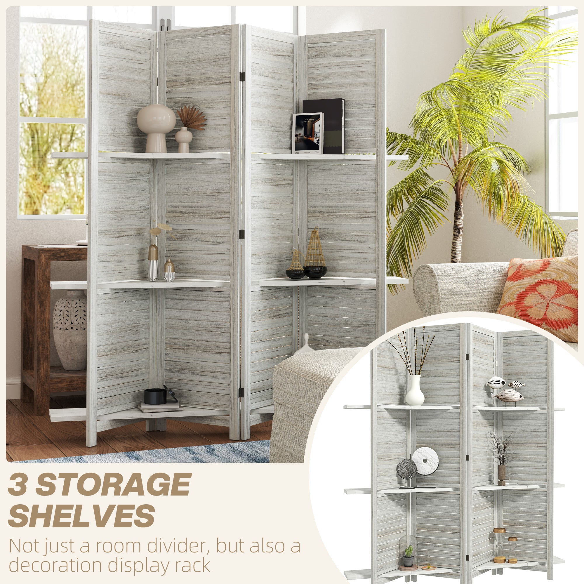 4 Panel 67" Tall Wood Privacy Screen Room Divider with 3 Shelves and Folding Storage for Bedroom, Distressed White
