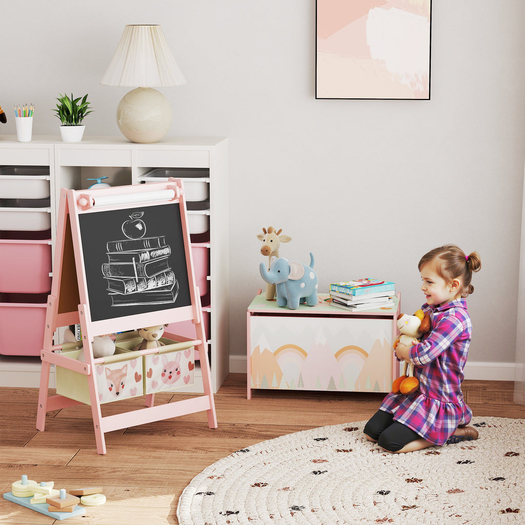 Toy Box with Lid and Kids Easel with Paper Roll, Blackboard, Whiteboard, Cute Fox Design, for Ages 3-8 Years, Pink