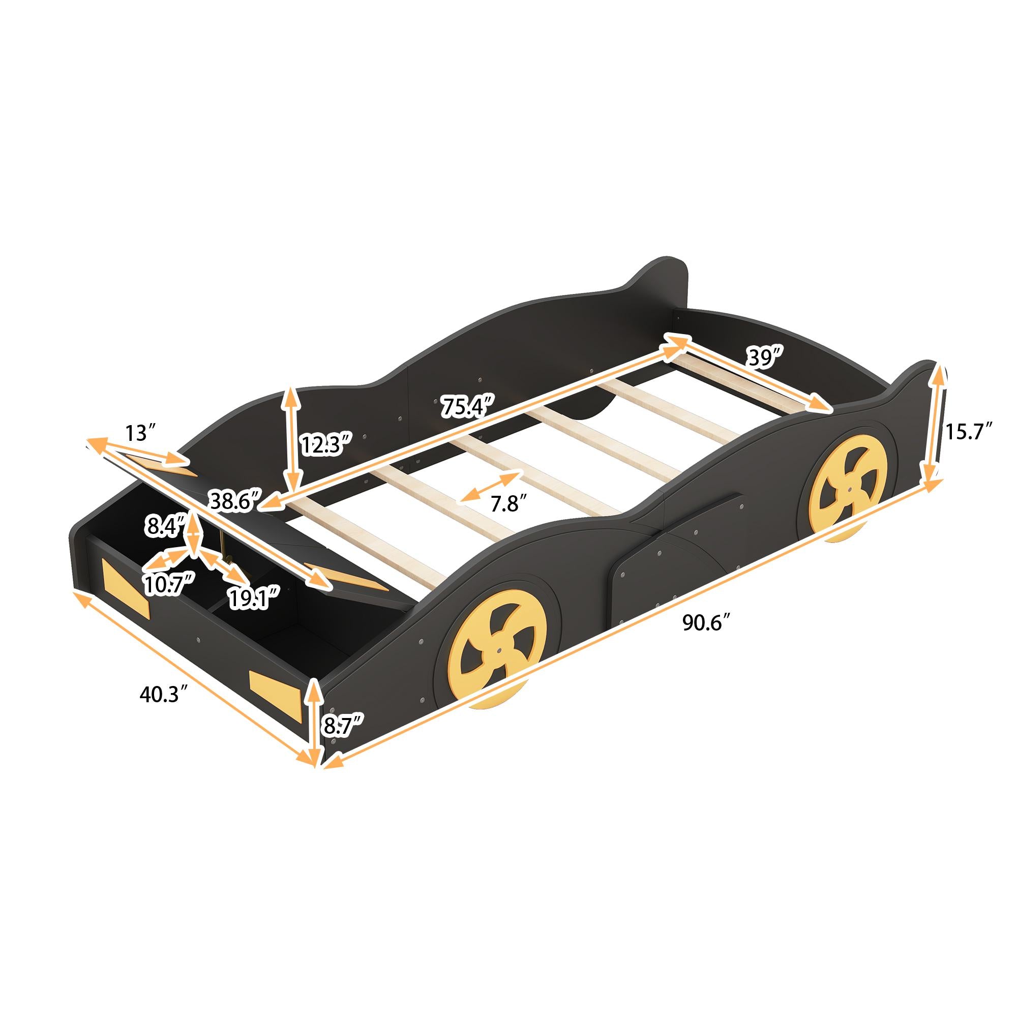 Twin Size Race Car-Shaped Platform Bed with Wheels and Storage, Solid Wood and MDF, 90.5" L x 40" W x 15.5" H, Black