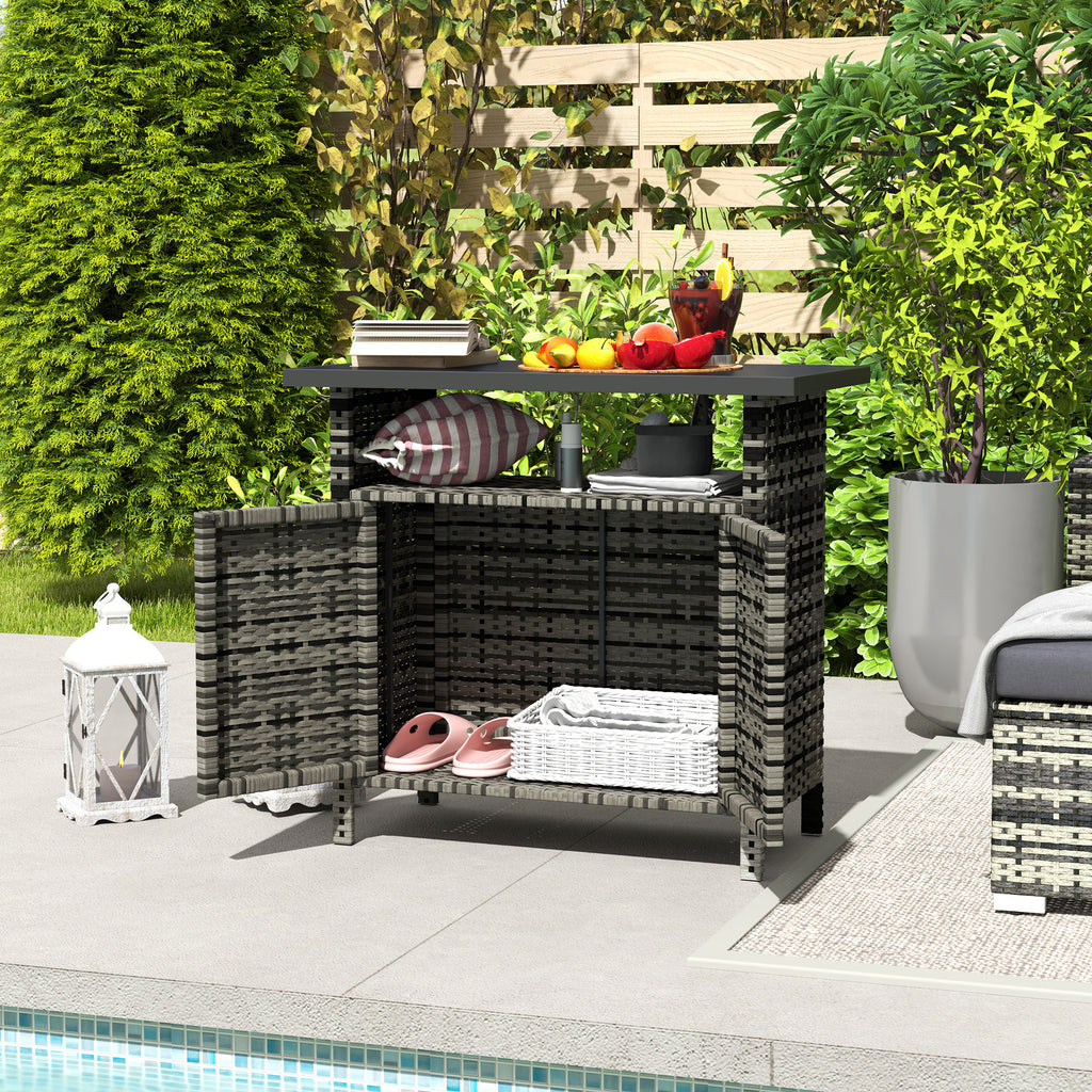 Wicker Outdoor Storage Cabinet with Two Doors and Shelf for Outdoor Pool Towel Storage, Mixed Gray