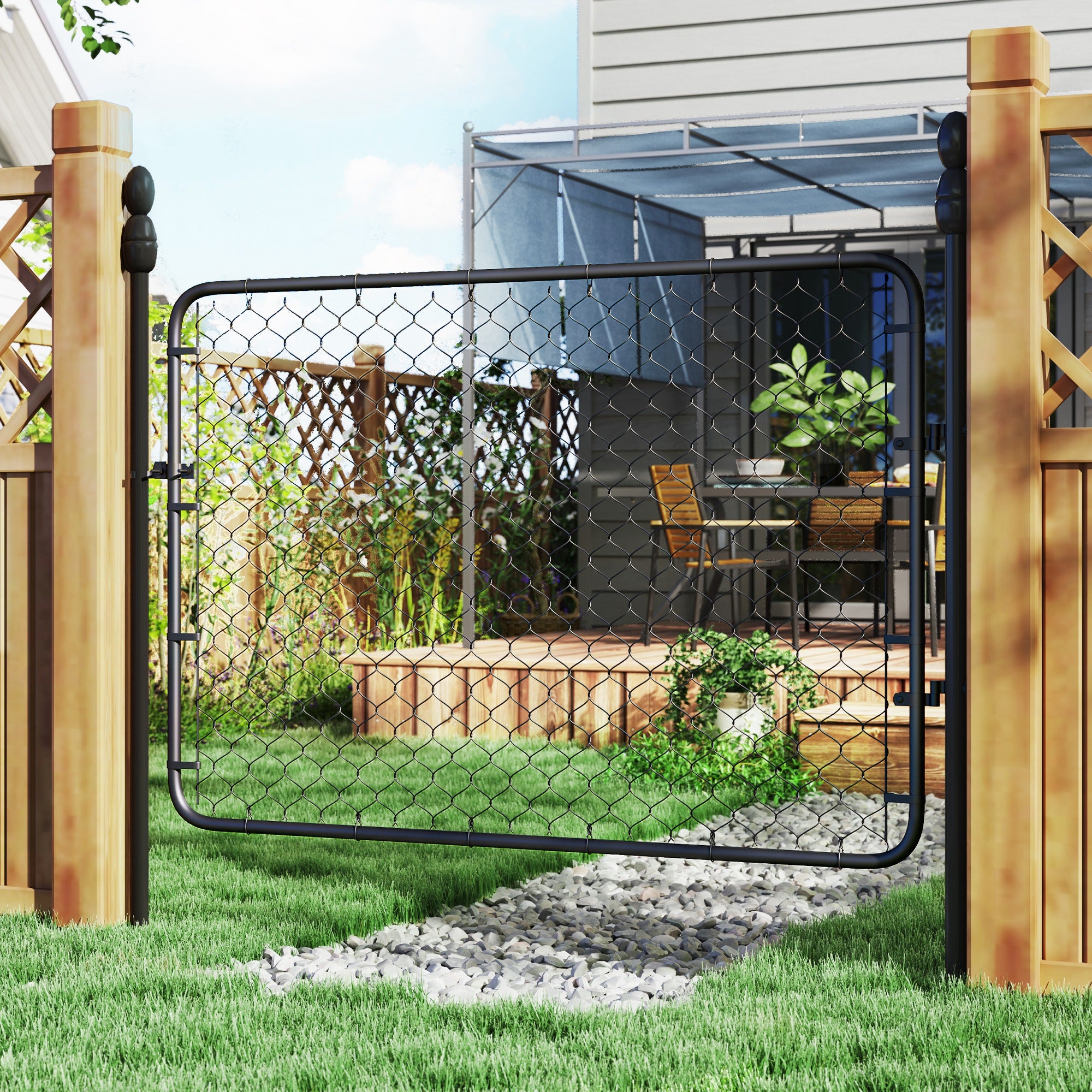 Garden Gate Chain Link Fence Gate, Galvanized Steel Garden Door for Yard Entrance Way, 47.2 x 70.9 in., Black