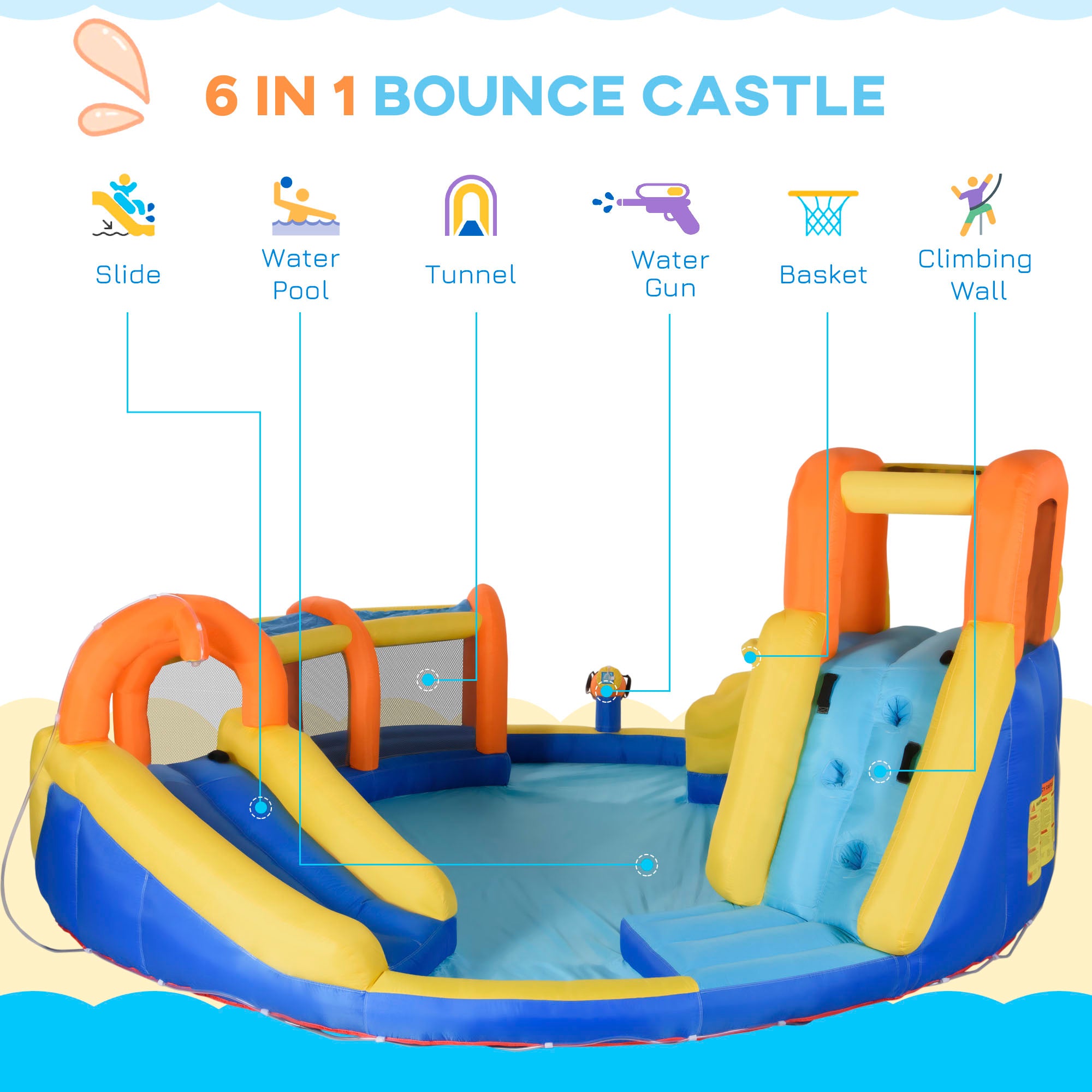 6-in-1 Inflatable Water Slide Kids Bounce House Jumping Castle Includes Slide Basket Pool Climbing Wall Tunnel