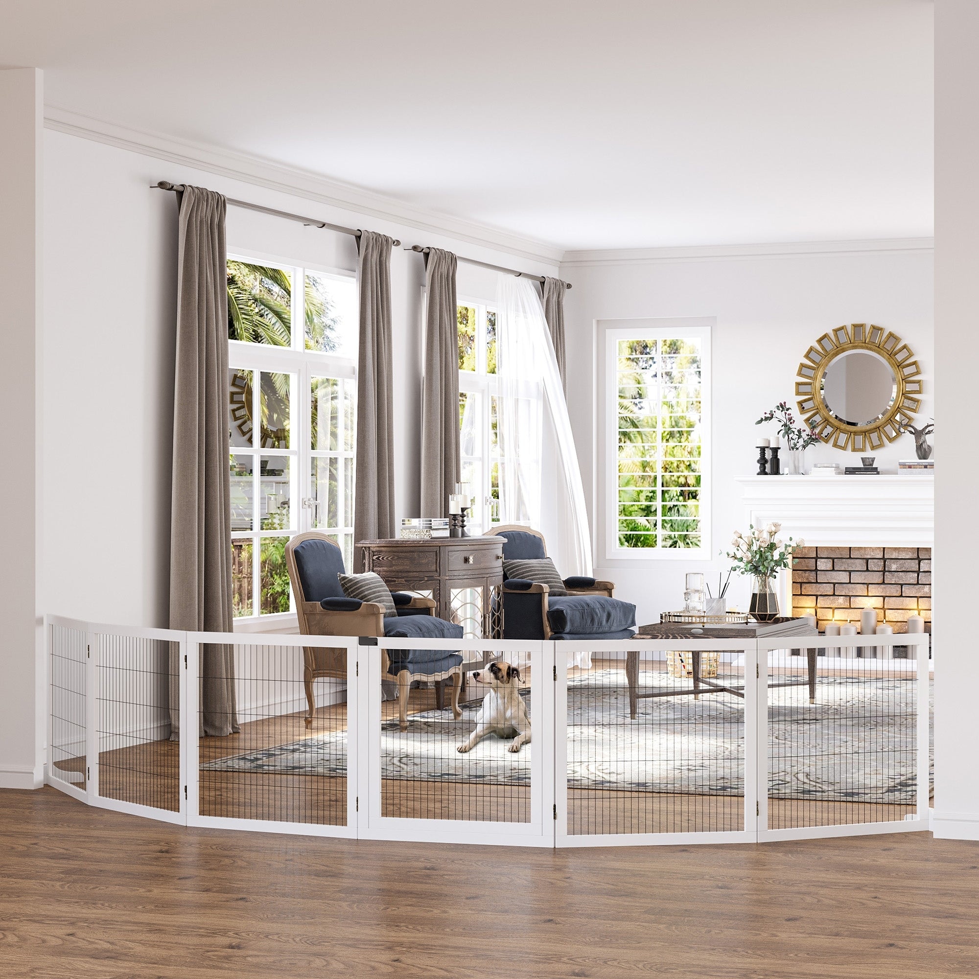Wooden Pet Gate, 6-Panel Folding Dog Safety Barrier with Support Feet for Small & Medium Dogs, White