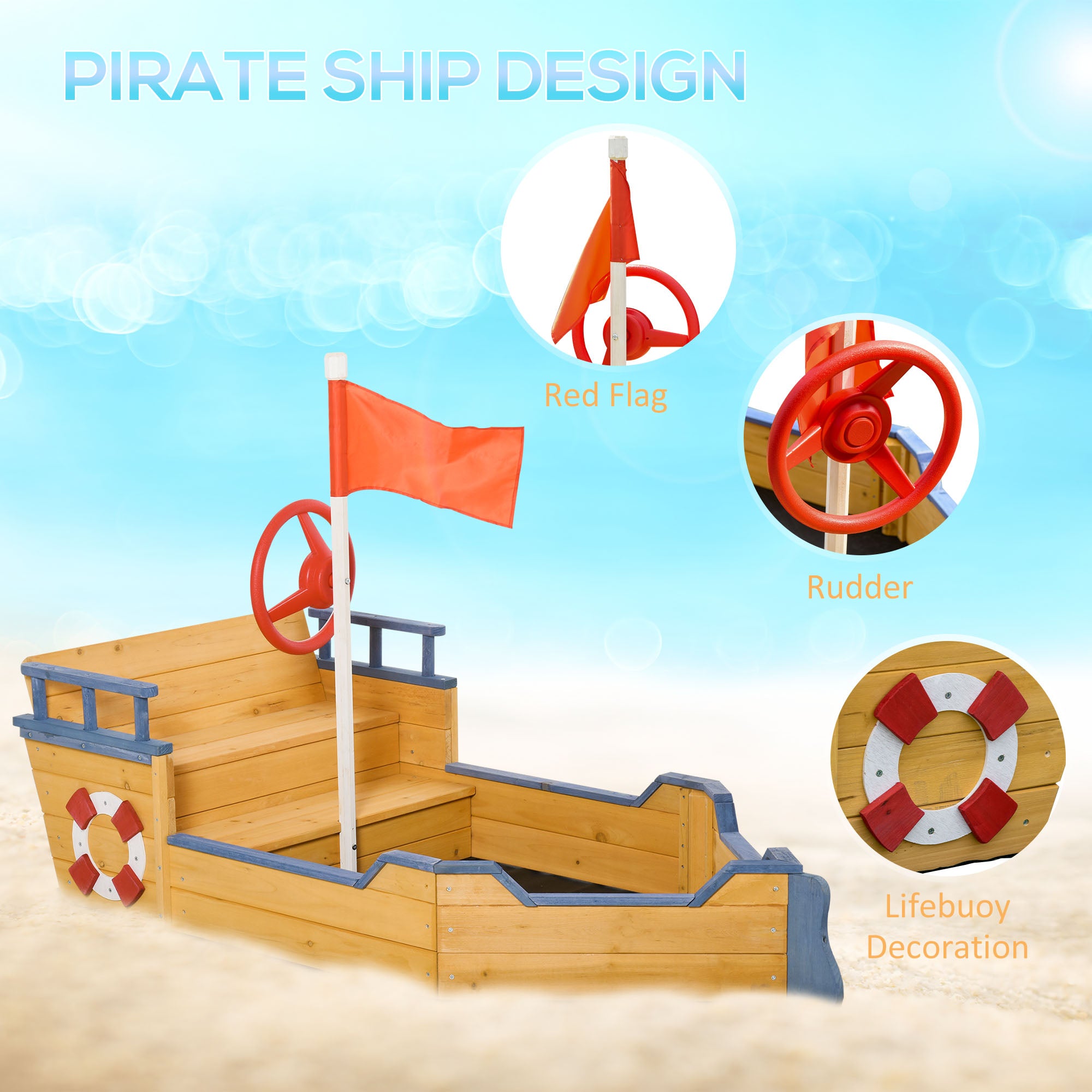 Kids Wooden Sandbox Pirate Ship Sandboat w/ Bench Seat Storage Space Ceder Wood
