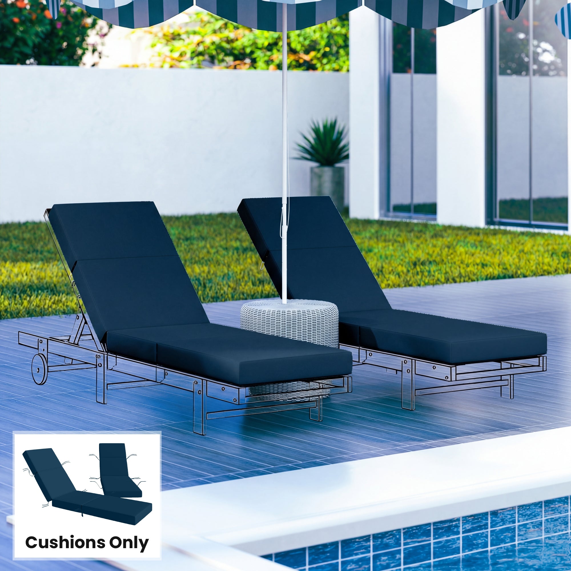 Set of 2 Chaise Lounge Cushion, 4" Thick Outdoor Lounge Chair Cushions with Ties for Patio, 21" x 72", Navy Blue