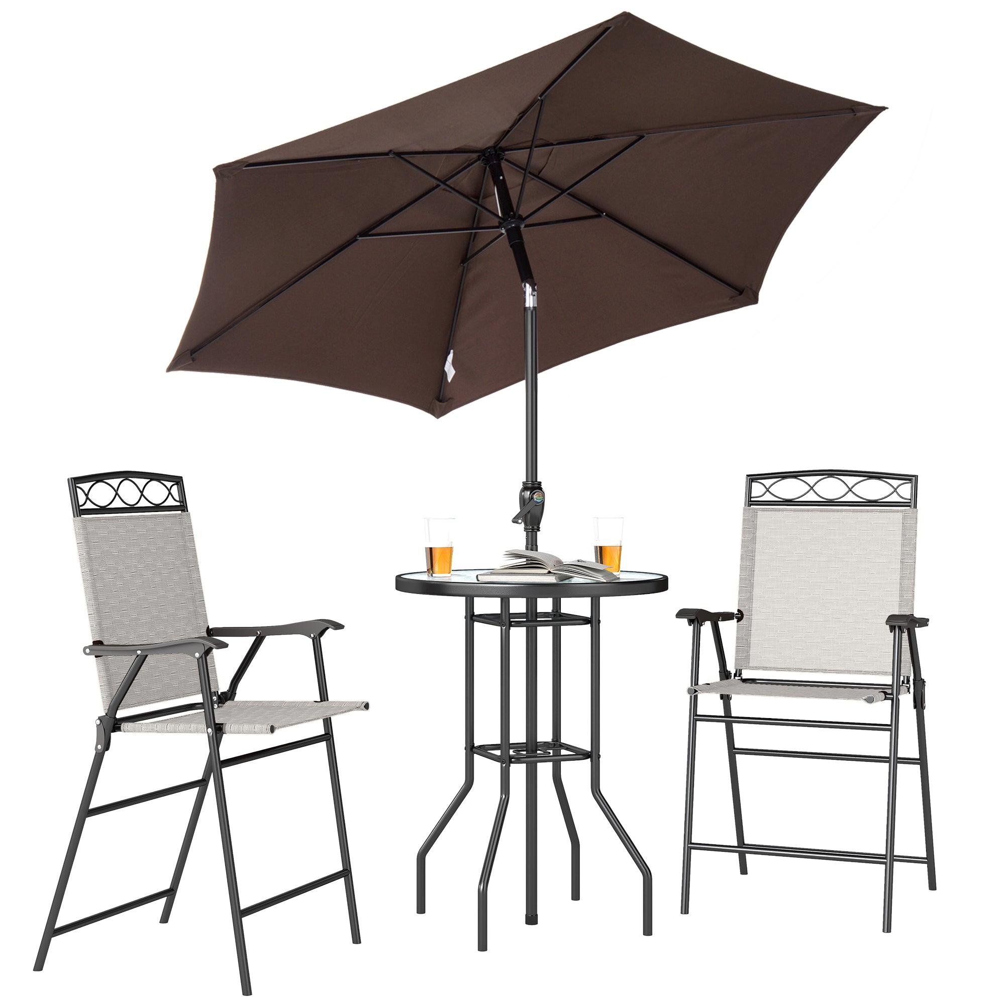 4 Piece Outdoor Bar Set with Umbrella, Patio Dining Set with 2 Folding Chairs, Wave Textured Tempered Glass Table for Backyard, Garden, Deck, Poolside, Beige