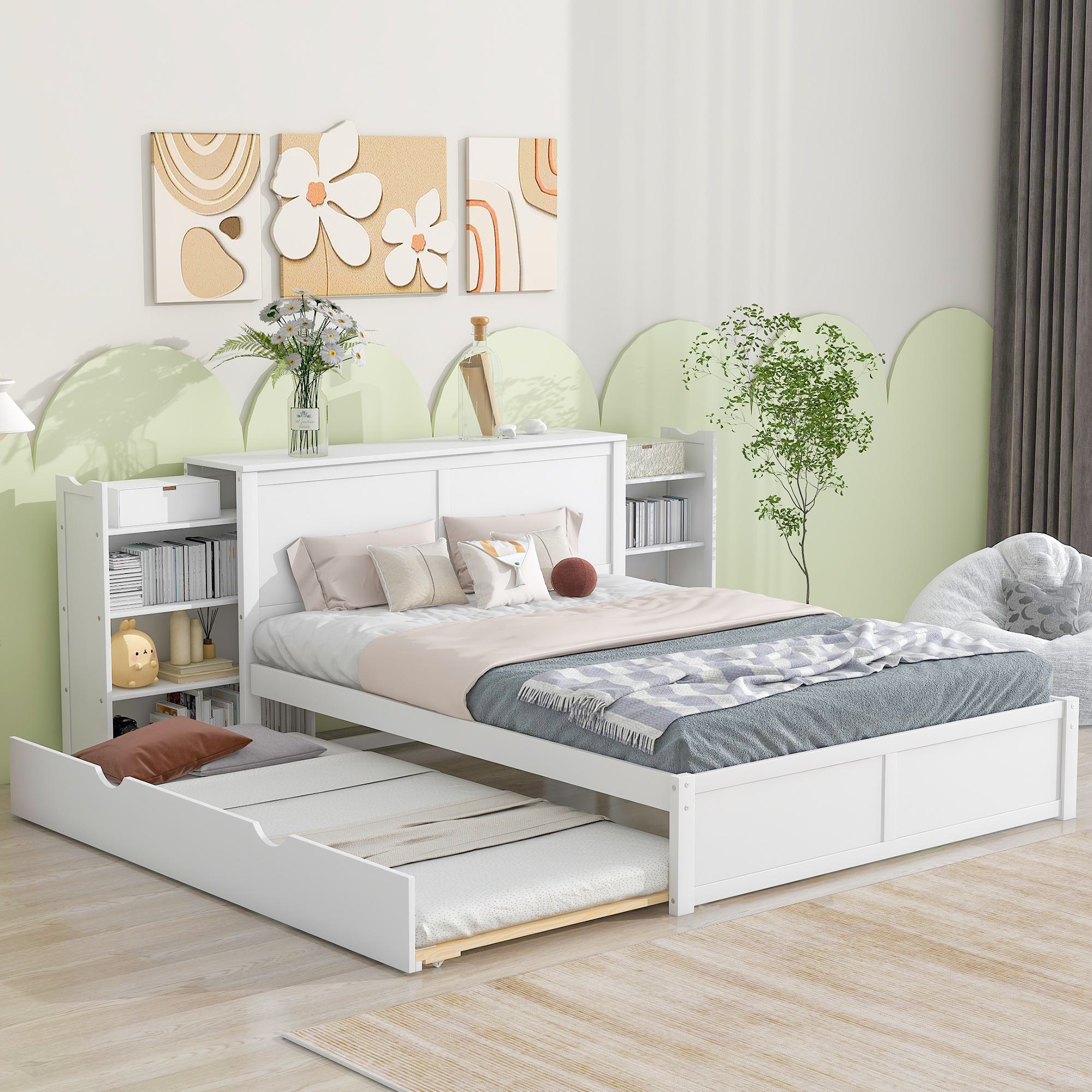 Queen Size Storage Platform Bed with Pull Out Shelves and Twin XL Trundle, Solid Wood and MDF, 111.5" L x 93.5" W x 39.5" H, White